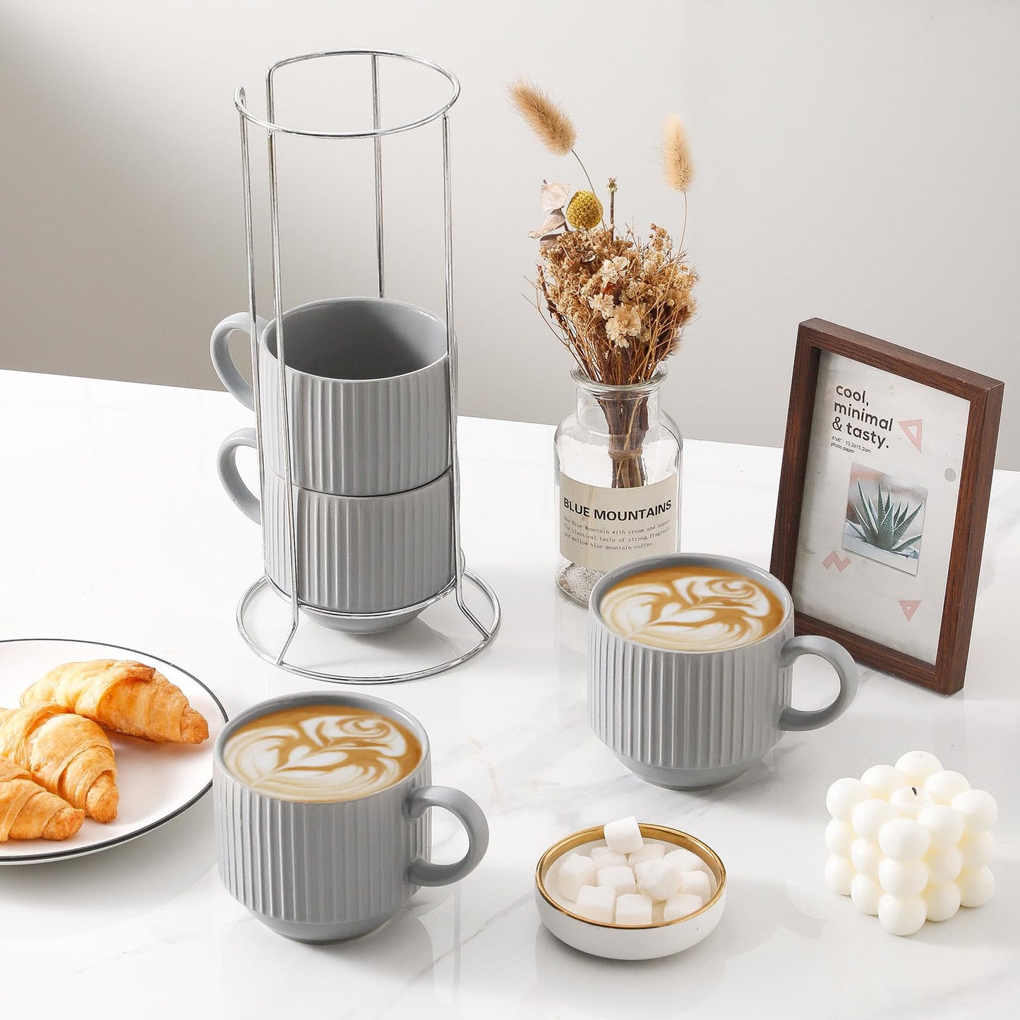 HASENSE 15 oz Ribbed Stackable Coffee Mug Set of 4, Porcelain Latte Cups with Metal Rack, Dishwasher & Microwave Safe, Cappuccino Tea Hot Cocoa, White BST220