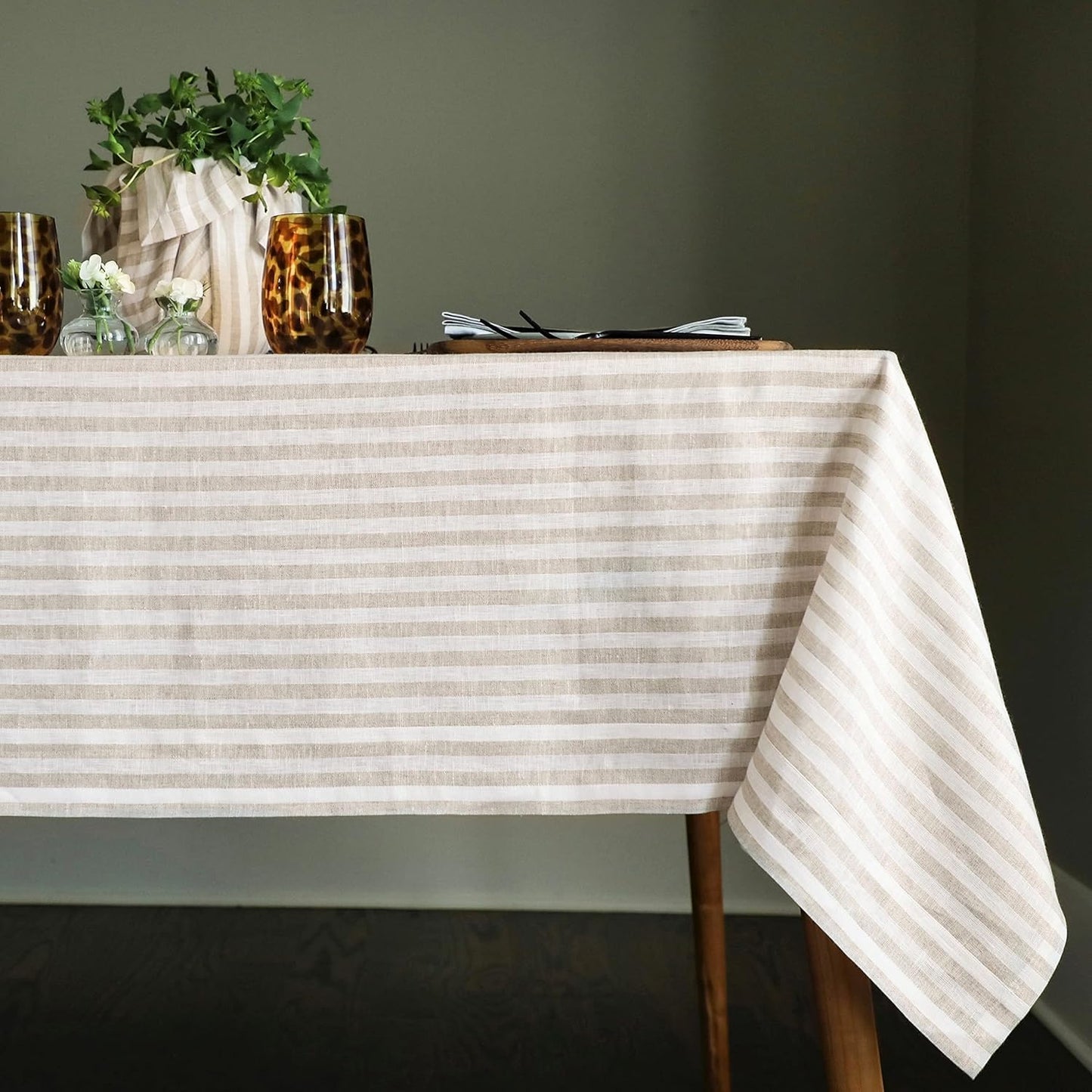 Solino Home 100% Linen Table Cloth, Throw, 52 x 52 in, Coral, Amalfi Stripe | Striped Linen Tablecloth a neat topper for bistro, card and side tables | Coral and White | Pure Linen | OEKO-TEX Certified BST326SOLH