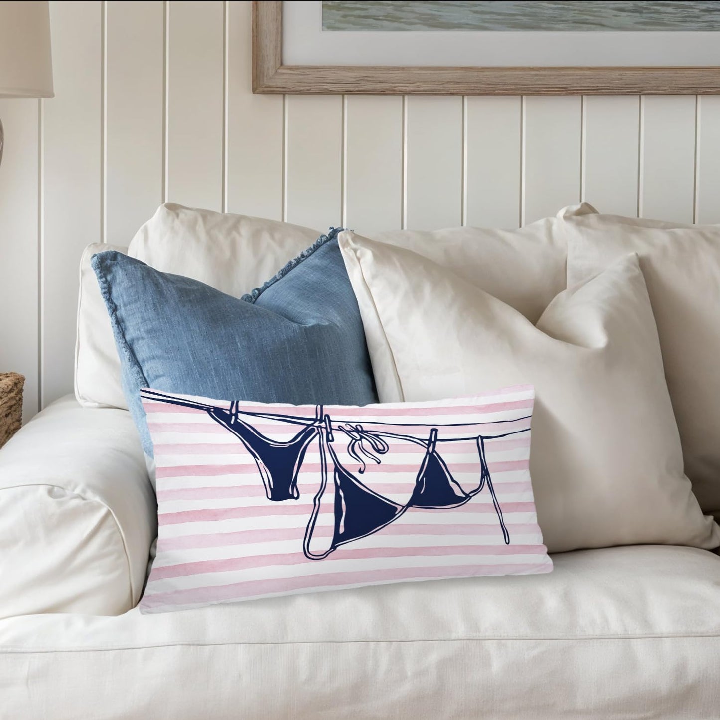 Coastal Beach Girly Room Decor 12x20 Pillow Cover, Preppy Beach Navy Blue Bikini Striped Decorative Lumbar Pillow Covers for Girls Bedroom College Dorm Sofa Couch BST326L