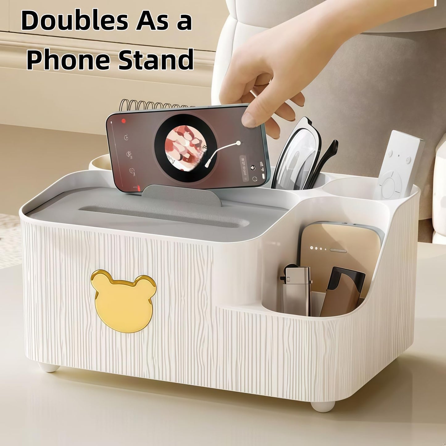 Multifunctional Tissue Box Cover with Storage,Square Tissue Box Holder and Remote Box,Modern Cube Tissue Cover Bedside Organizer for Nightstand End Table. BST220