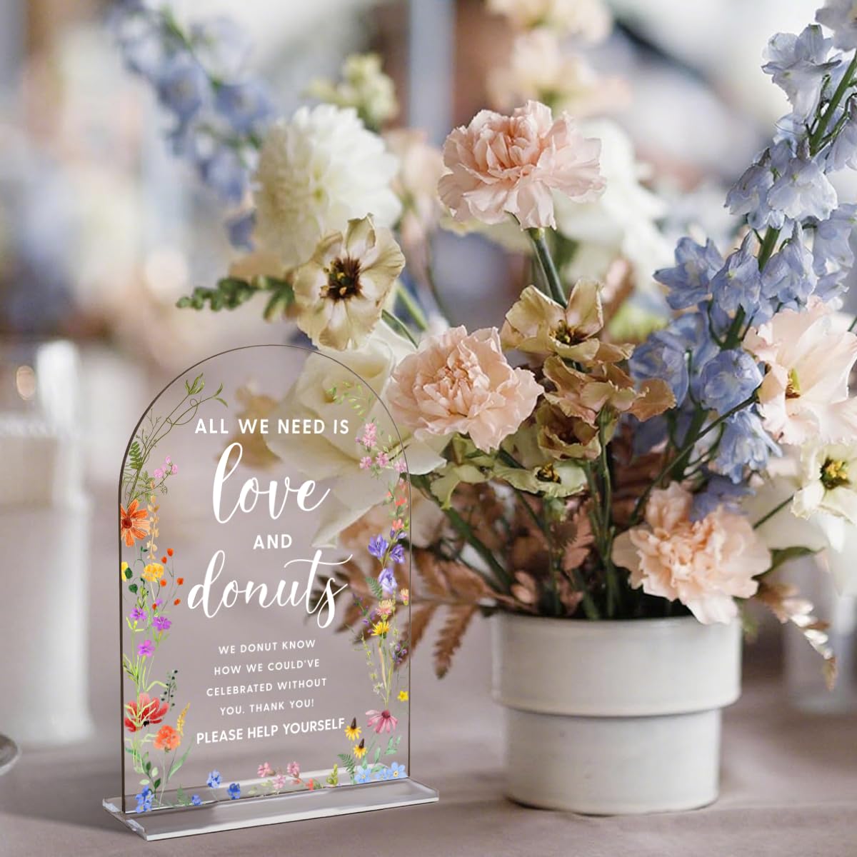 Acrylic Wedding Signs, Pick A Card Signs for Marriage Reception, Bridal Shower Decorations, Modern Arched Round Top Acrylic Table Top Sign with Holder for Wedding Party Dinner (Clear Wildflowers) BST326L