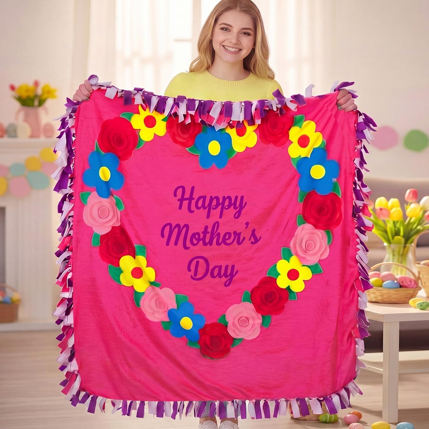 Chumia 2 Pcs/1 Set Mother's Day DIY Tie Blankets Fleece Kit Mom No Sew Blanket Craft 57 x 57 Inch No Sew Fleece Fabric Tie Knot Throw Make Happy Mother's Day Best Mom Appreciation Gifts for Bed Couch BST202