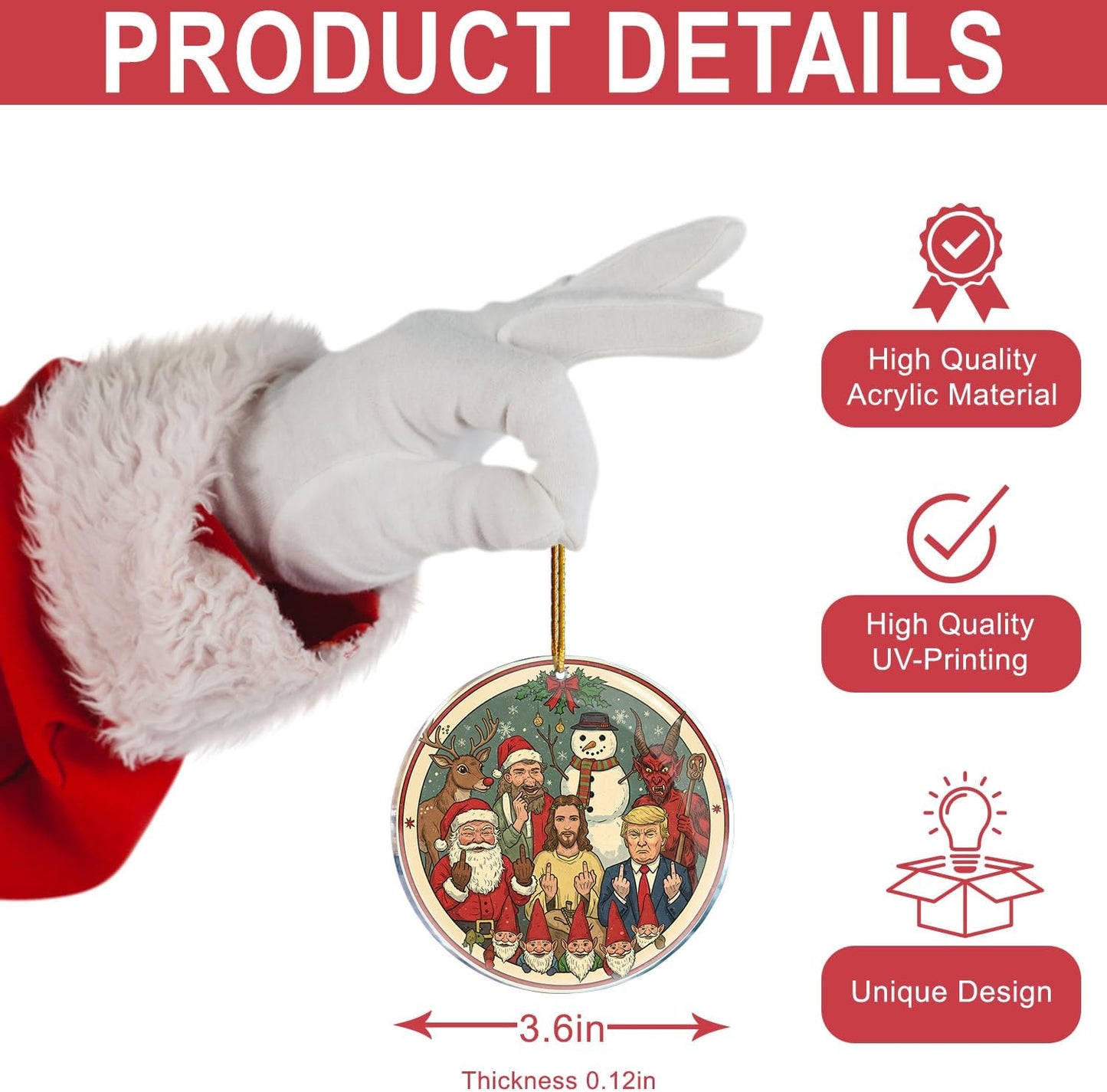 Santa Jesus Gnomes Rudolph Snowman Krampus Middle Finger Naughty Double Bird - Christmas Ornaments - Christmas Decorations - 3.6 in Acrylic - Funny Gag Gifts - White Elephant - Stocking Stuffers BST220
