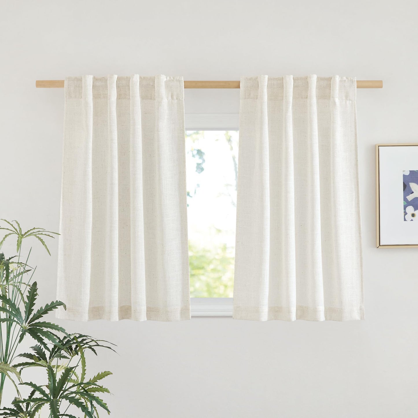 NICETOWN White Semi Sheer Kitchen Curtains 30 inch Length, Rod Pocket & Back Tab Faux Linen Blend Privacy with Light Filtering Window Drapes for Cafe, W34 x L30, 2 Panels BST220