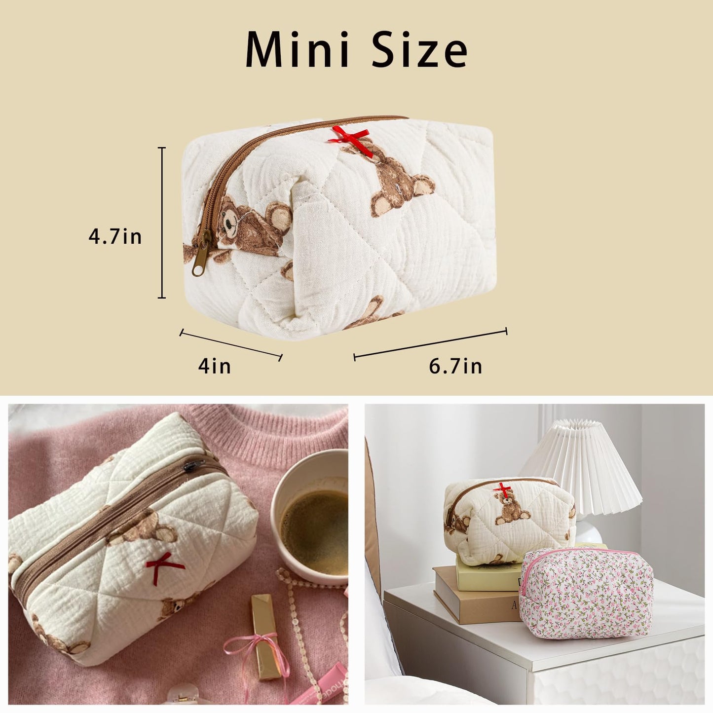 Cute Small Floral Cotton Makeup Bag, Quilted Zipper Pouch with Coquette Bear for Women and Girls, Kawaii Travel Cosmetic Bags for Purse(07Yellow and Pink Flower) BST220