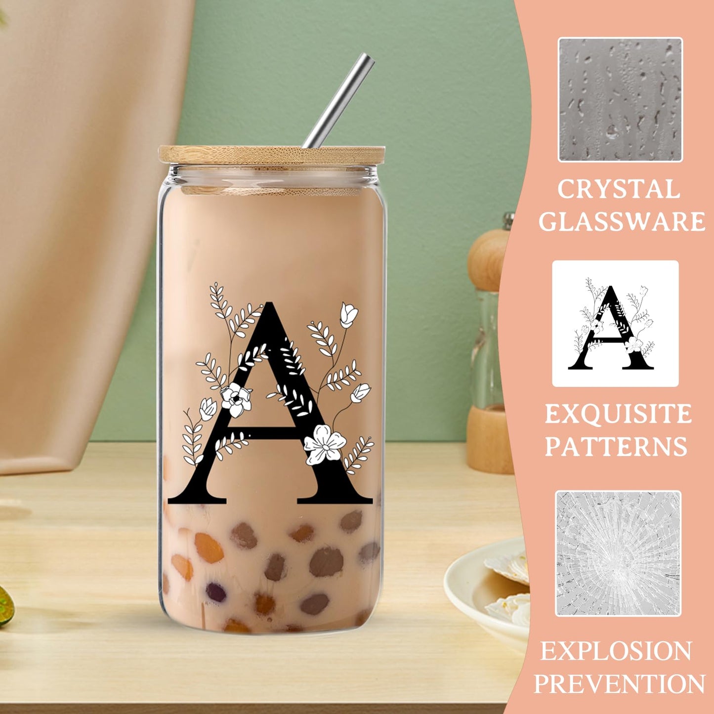 Monogrammed Initial Glass Cup with Lids and Straws gift for Women | Personalized Gift Set with Doll, 16 Oz Ice Coffee Cup ,reusable glass tumbler,Birthday Christmas Gift for Her,U WN420