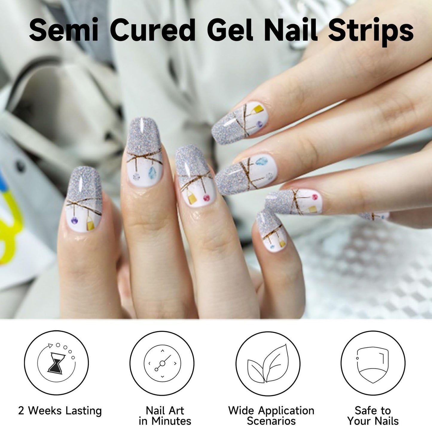 Semi Cured Gel Nail Strips, 56Pcs Nail Art Stickers/Wraps, Long Lasting UV Nail Polish Strips for Adults (Silver Rhinestones+French Tip Glitter) BST220