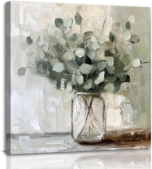 Botanical Canvas Wall Art Eucalyptus Picture Wall Decor Flower Vase Paintings Sage Green Poster Vintage Farmhouse Prints for Bathroom Kitchen Decor Framed(Plant-2,12.00" x 12.00") BST326H