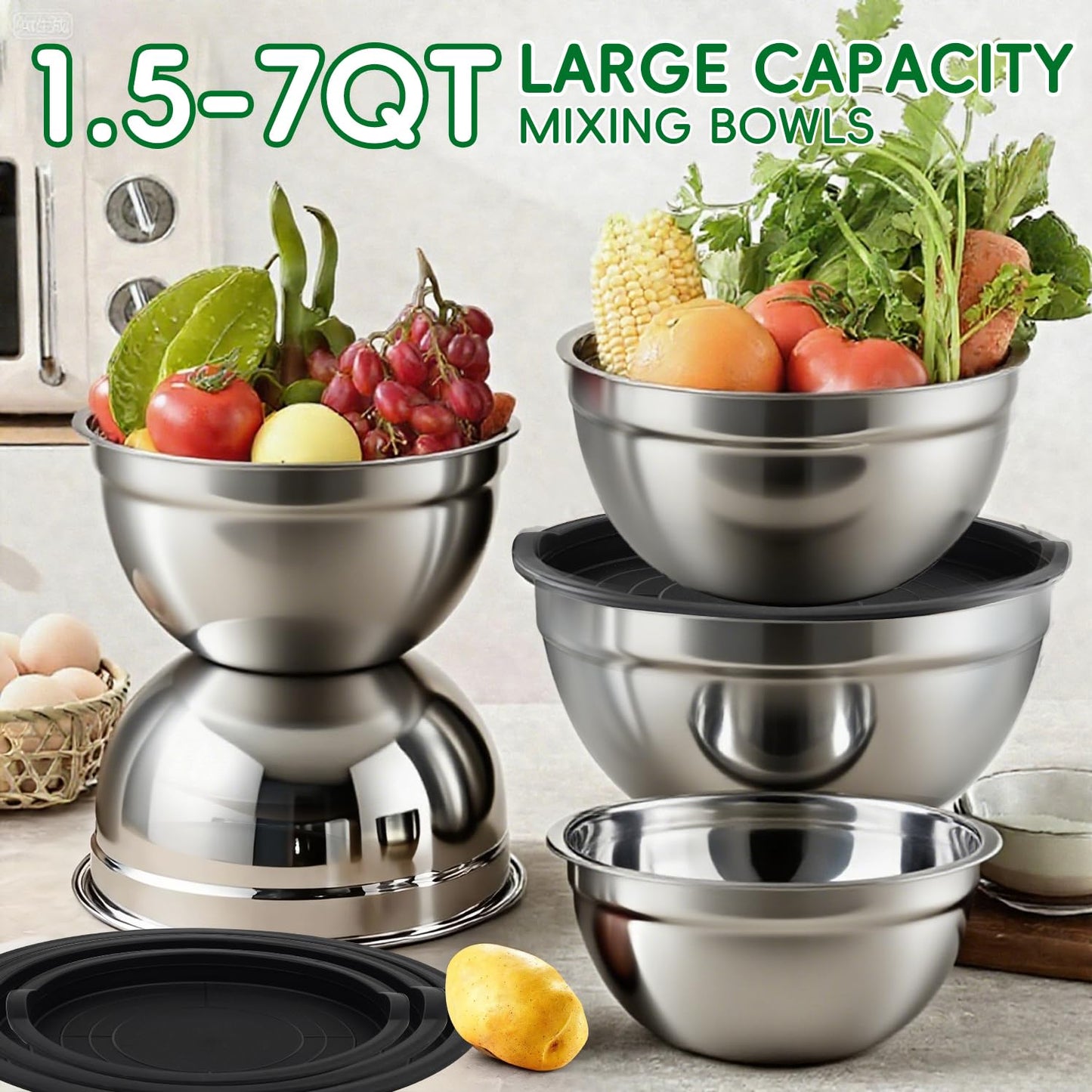 WEPSEN Mixing Bowls Set, 25PCS Stainless Steel Mixing Bowl with Lid Set, Large Nesting Bowls 7, 4.5, 3,2, 1.5QT, Measuring Cups and Spoons Baking Utensils Metal Bowl for Kitchen Prep BST220