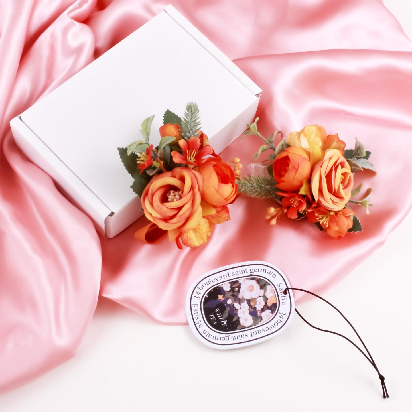 Prom Corsage And Boutonniere Set Orange – Artificial Silk Wrist Corsage & Boutonniere For Men Wedding – Groom Boutonniere For Prom, Homecoming, Courthouse Wedding, White Rose Corsage Wristlet Gift Set BST202
