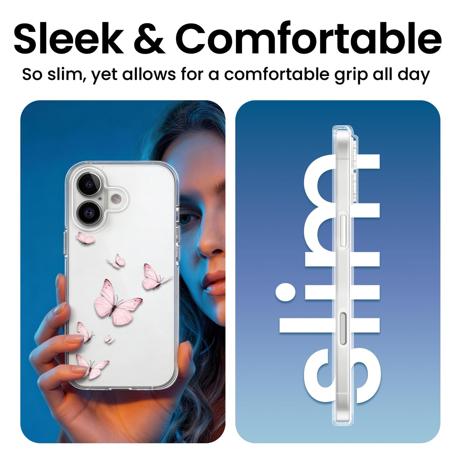Cute Girly Crystal Clear Case Compatible with iPhone 16 Pro, Camera Control & Shockproof Protection Floral Case for Women, Blue Butterflies WN420