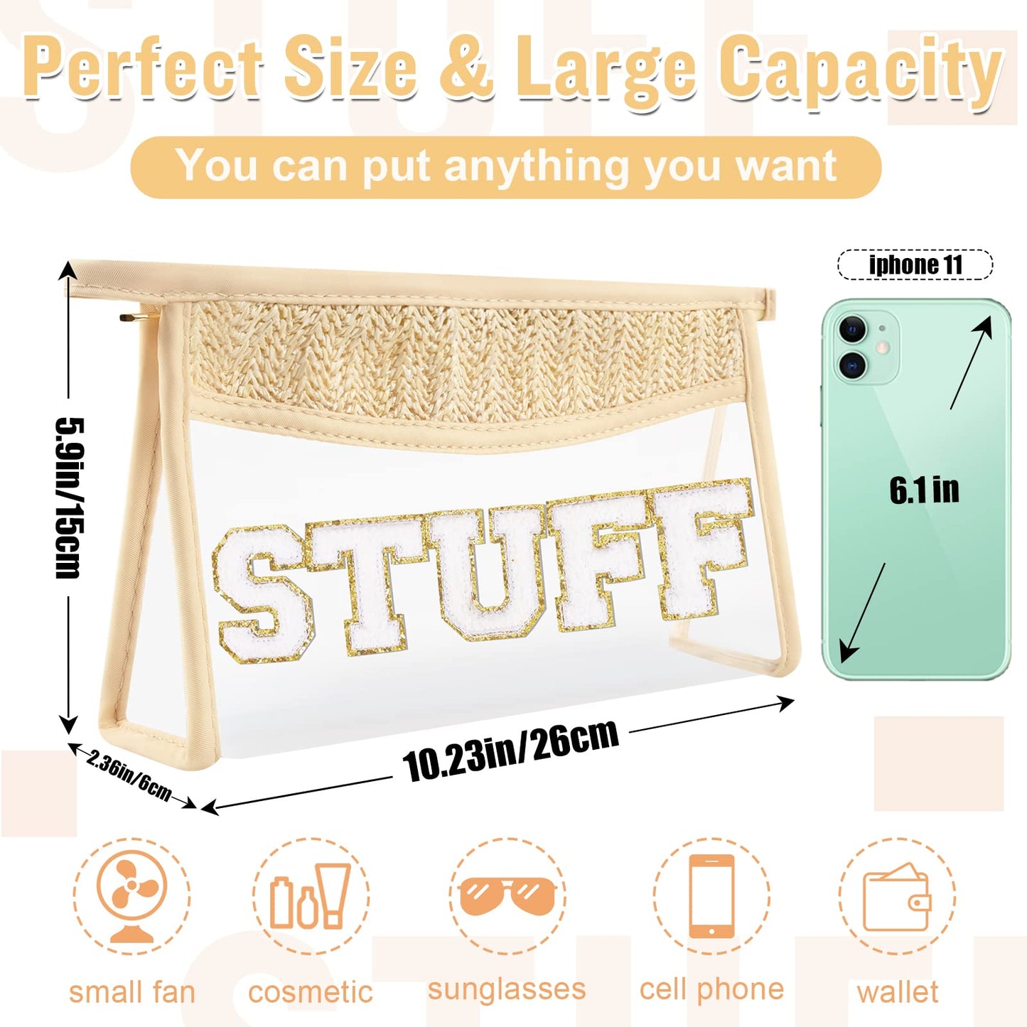 Boho Clear Makeup Bag Cosmetic Zipper Pouch Purse, Clear Toiletry Bags Travel Small Preppy Cute DIY Chenille Letter Bag, Transparent PVC Waterproof Clutch Make Up Organizer Storage Bag for Women Girls BST220