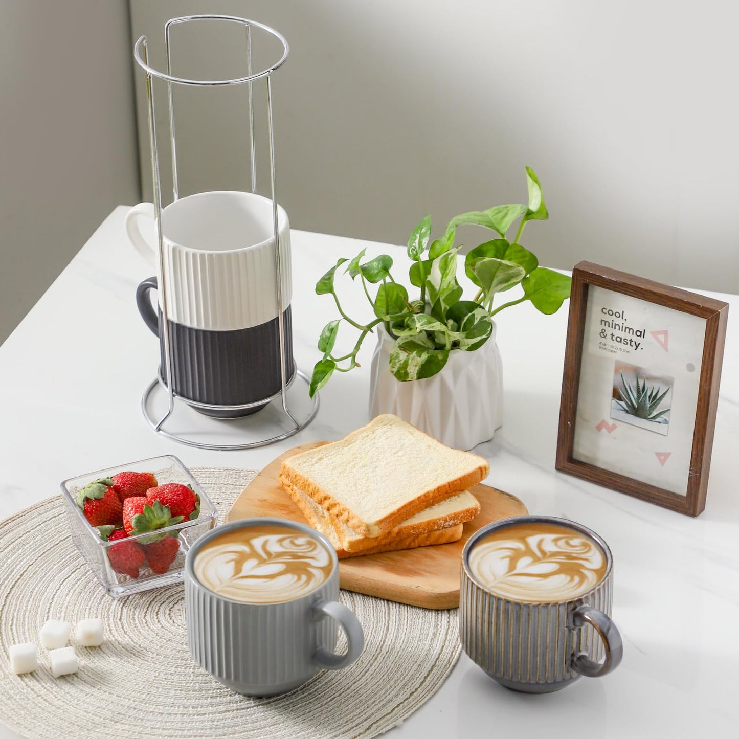 HASENSE 15 oz Ribbed Stackable Coffee Mug Set of 4, Porcelain Latte Cups with Metal Rack, Dishwasher & Microwave Safe, Cappuccino Tea Hot Cocoa, White BST220