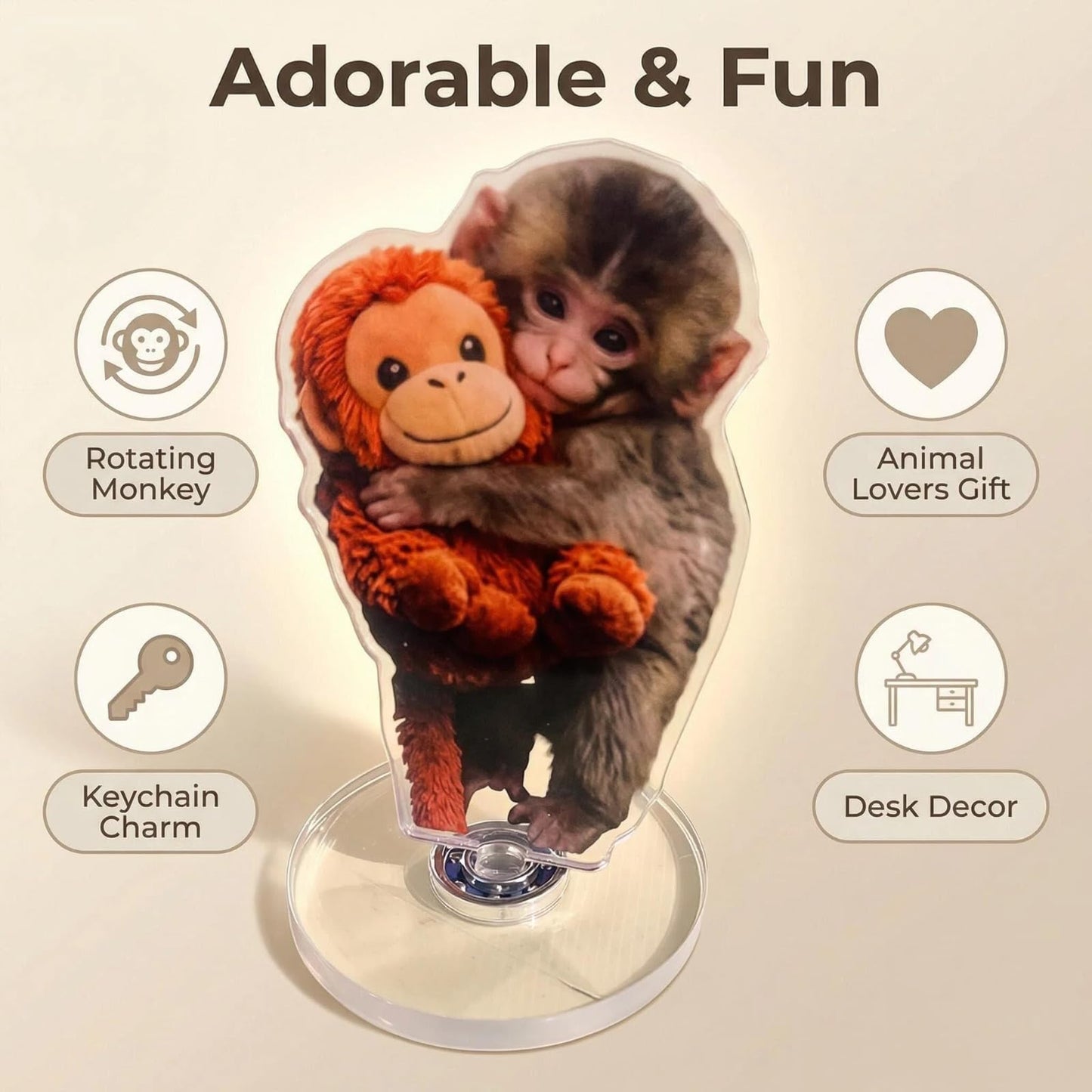 3-Pack Protect Punch Monkey Rotating Acrylic Display Plaque of Cute Monkey Toy for Desktop,Car Accessories and Gift,Rotatable, with Base (Beown) (ABC) BST202