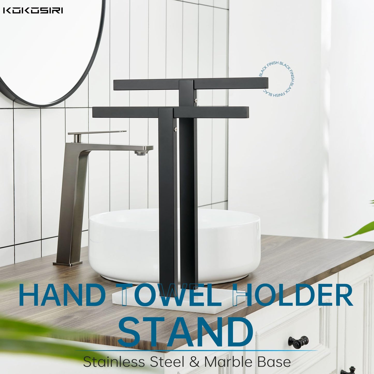 KOKOSIRI Hand Towel Holder Black Stand Towel Rack with Marble Base for Bathroom Kitchen Vanity Countertop, Stainless Steel 15.7'' Height THS0002-SM-BK BST202