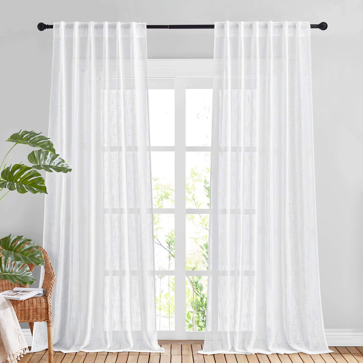 NICETOWN White Semi Sheer Kitchen Curtains 30 inch Length, Rod Pocket & Back Tab Faux Linen Blend Privacy with Light Filtering Window Drapes for Cafe, W34 x L30, 2 Panels BST220