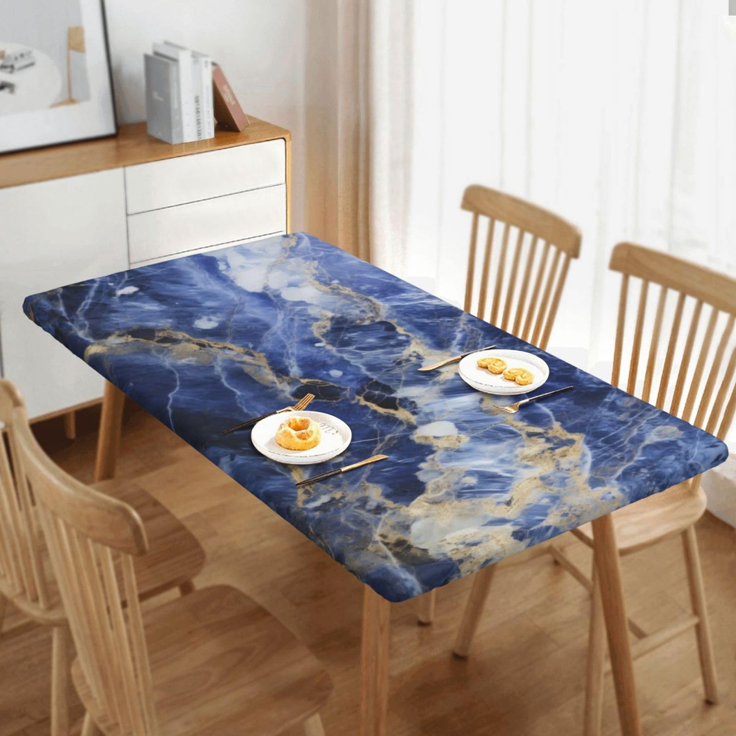 Blue Marble Rectangle Tablecloth with Elastic Edge, 5FT Table Cloths Washable Reusable Rectangular Table Cover for Kitchen Dining Party, 60" L X 30" W BST202