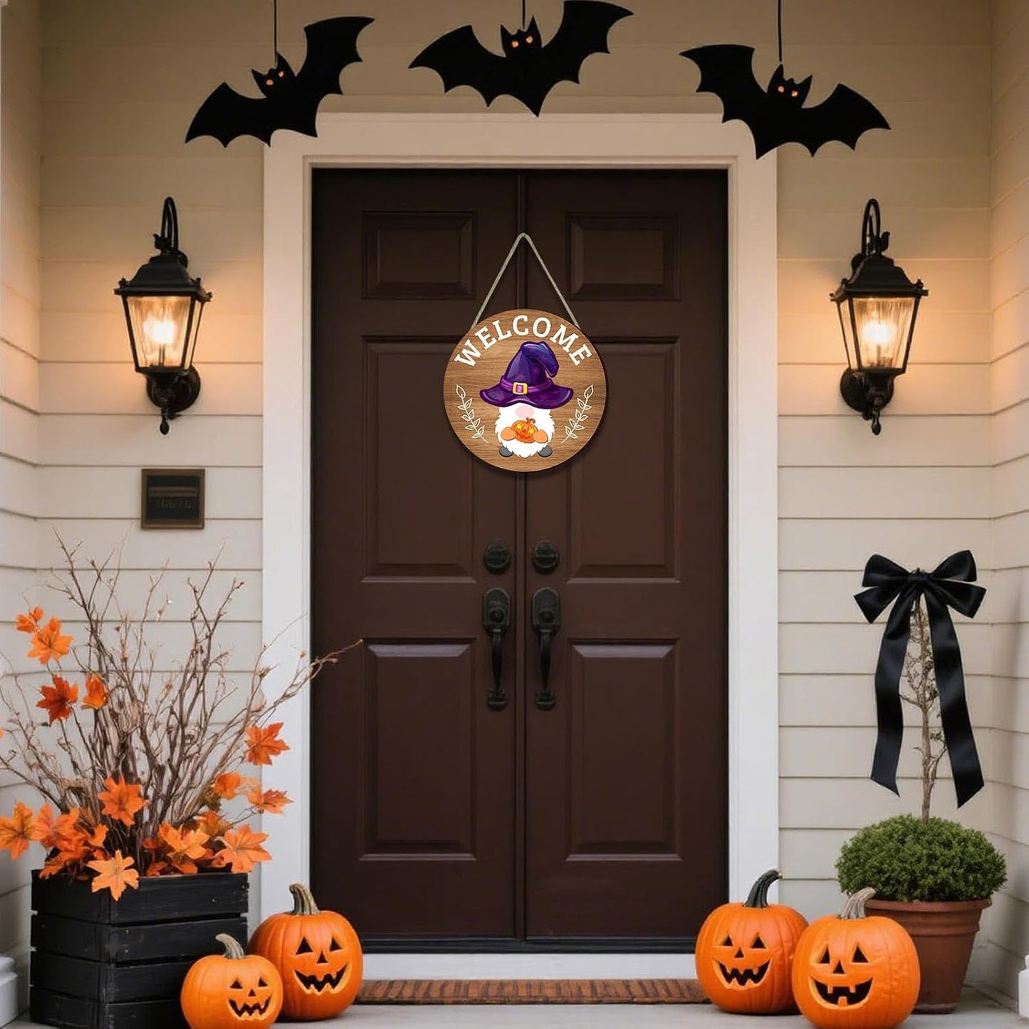 Interchangeable Seasonal Welcome Sign Front Door Decoration,Rustic Round Wood Wreaths Wall Hanging Outdoor Decor for Spring Summer Autumn and Winter All Seasons Holiday Halloween Christmas(Elf) BST326H