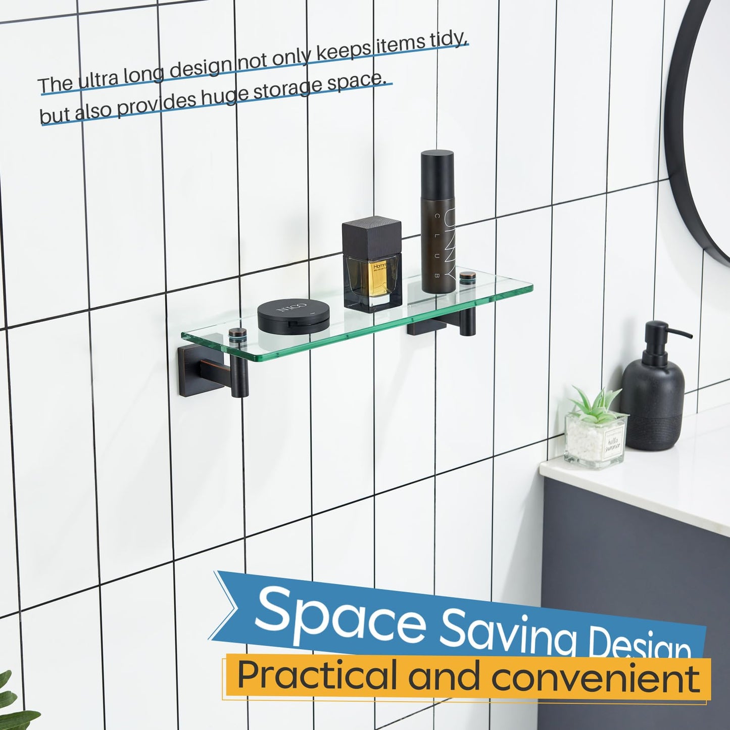 KOKOSIRI Wall Shelves Bathroom Hardware Glass Floating Shelf 12-Inch for Bedroom, Living Room, Kitchen, Hanging Rack Champagne Bronze B1105CPG-L12 BST202