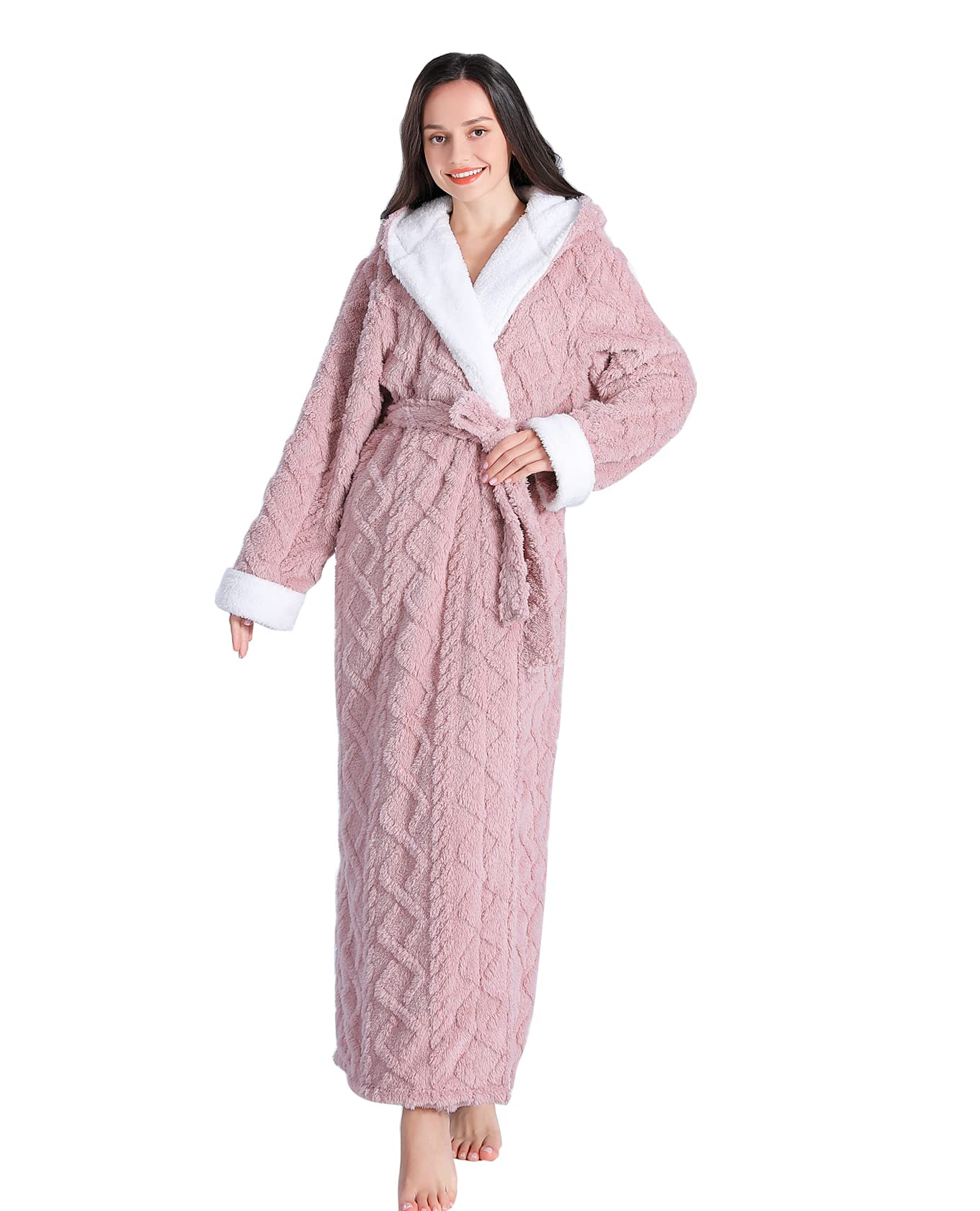 LKG women's robes long plush hooded ladies shower luxury christmas warm fuzzy robes house coat bathrobe for women full length WN420