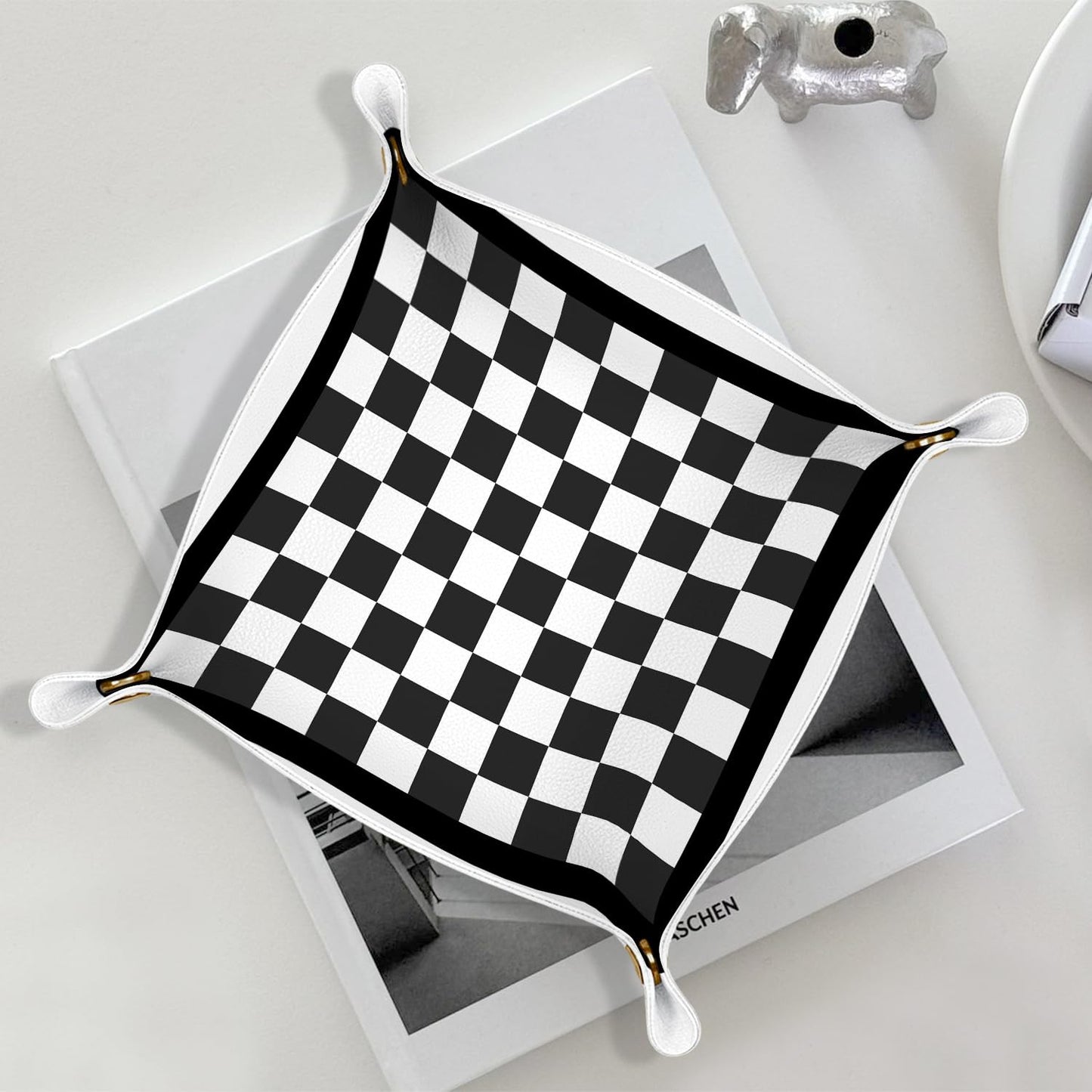 Marble Jewelry Valet Tray for Women Men, Black and Gold Marble PU Leather Catchall Beside Caddy Nightstand Organizer Tray for Jewelry Rings Watches Keys and Accessories, 7.87x7.87in BST220