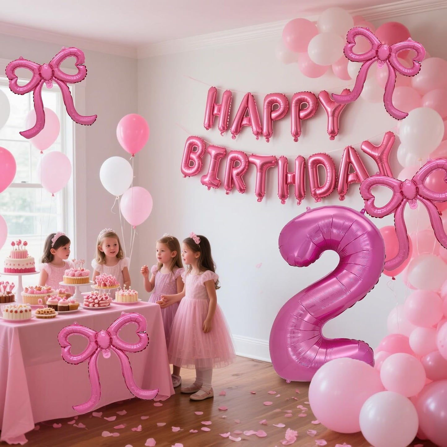 Pink Happy Birthday Balloons Banner, Giant Pink Bow Foil Balloons Number 2 Balloon Party Decor for Girls 2nd Birthday BST220