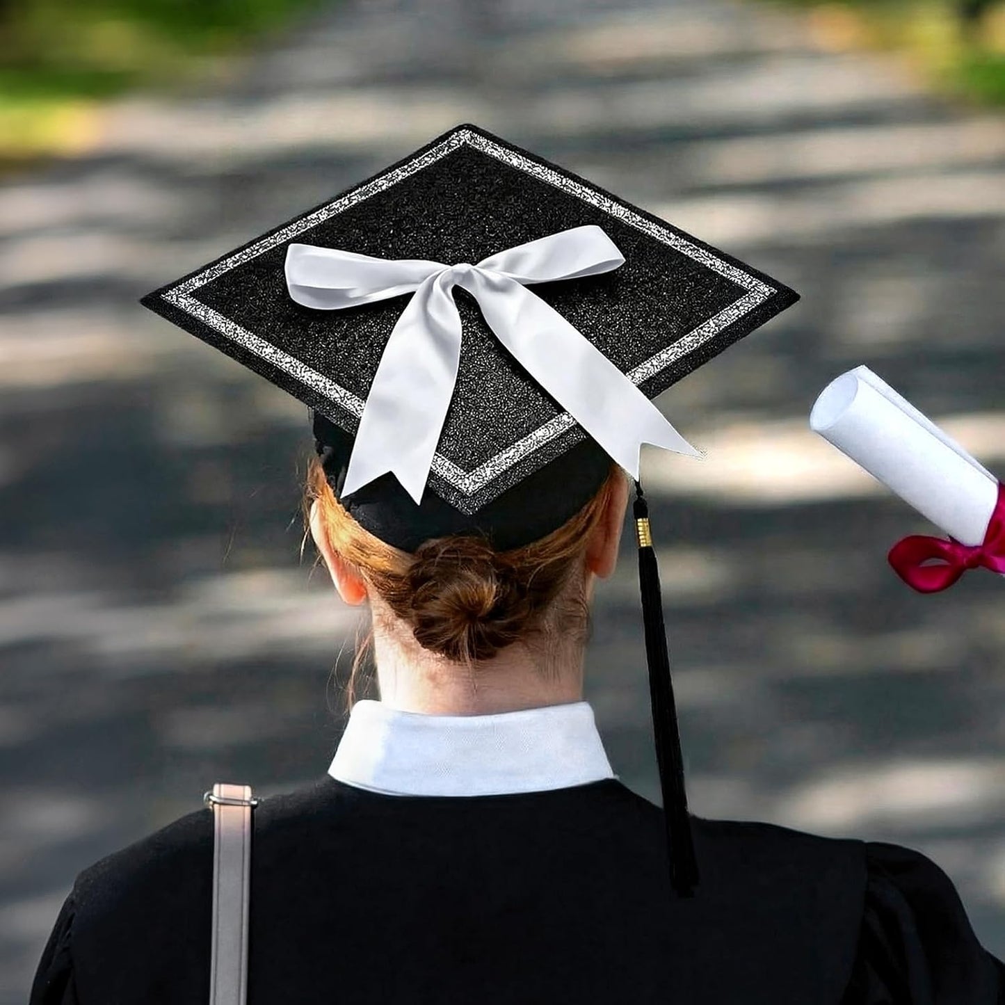 Dunzoom Black DIY Graduation Cap Decorations Kit Rhinestone Grad Cap Topper with Tassel White Bow Glitter Graduation Hat for Class of 2026 Graduate Ceremony Adult Grad Party Gift Art Craft WN420