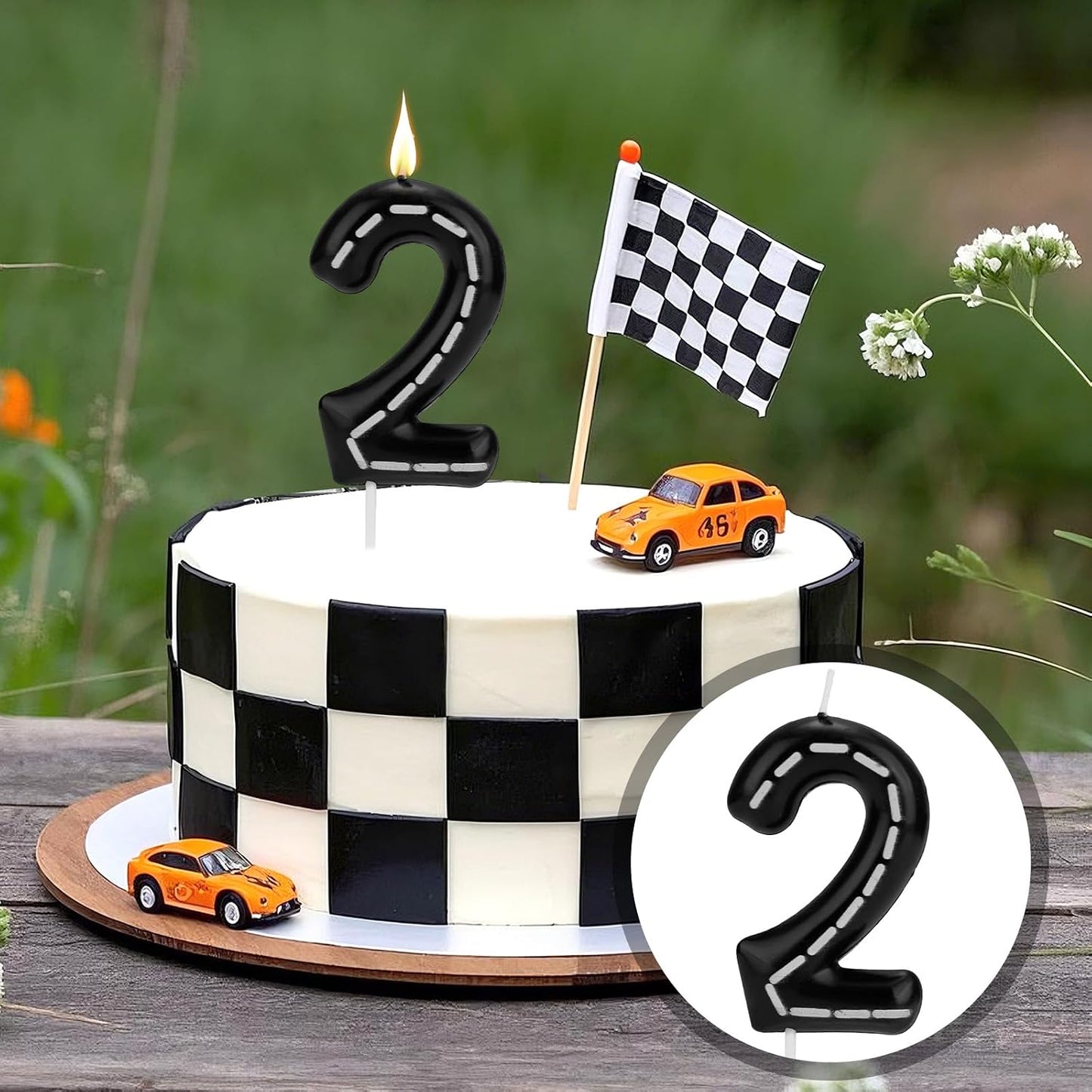 Birthday Number Candles, Black White Numeral Birthday Candles Racing Cars Themed Cake Decoration Cake Topper for Bday Anniversary Wedding (Number 2) BST326L