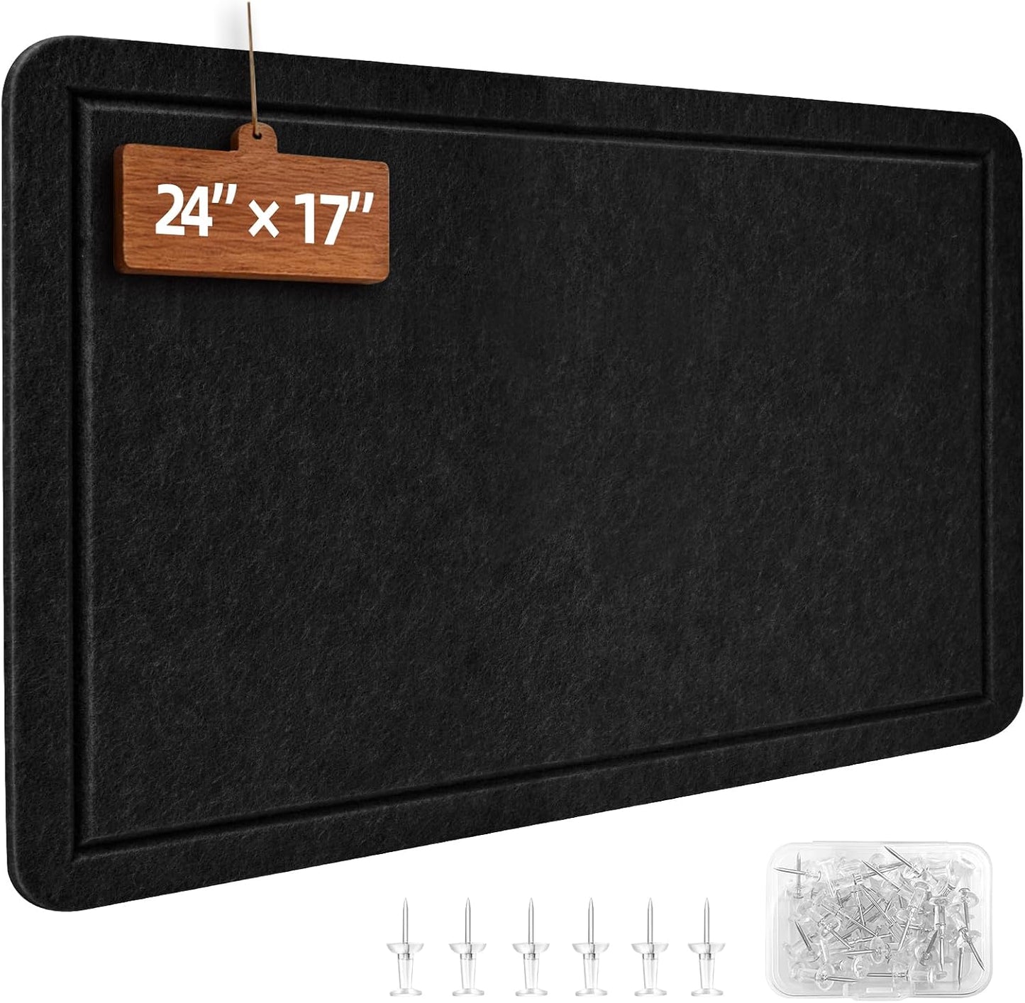 Bulletin Board, 24 x 17 inches Decorative Felt Pin Board for Wall, Foldable Felt Notice Photo Display Board with Self-Adhesive Tape for Office Home School, with 20 Pushpin(Black) BST202