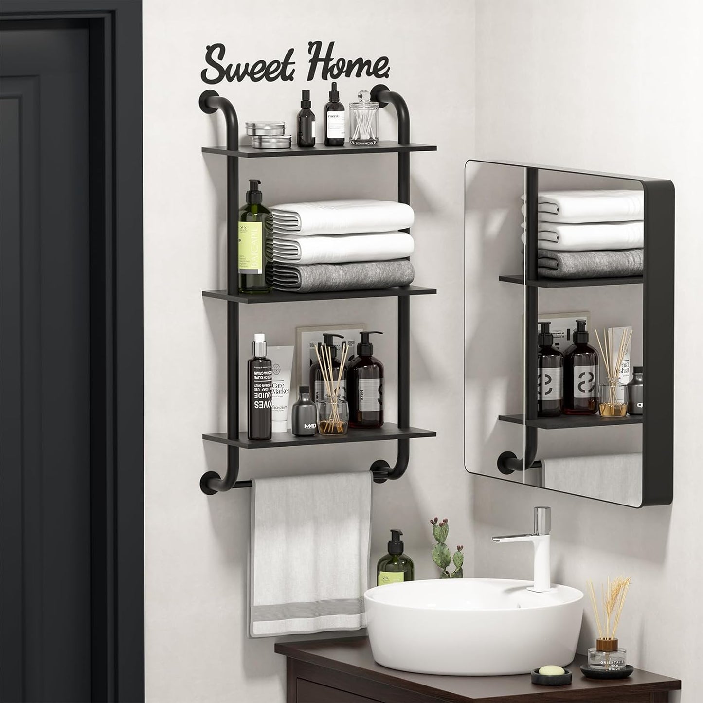 Tinpin Bathroom Shelves Wall Mounted, Rustic Farmhouse Pipe Shelves, Walls Shelf 3-Tier, Industrial Pipe Shelving, Floating Shelf Wall Decor for Bathroom, Kitchen, Bedroom, Living Room 17.3in Black DD1210