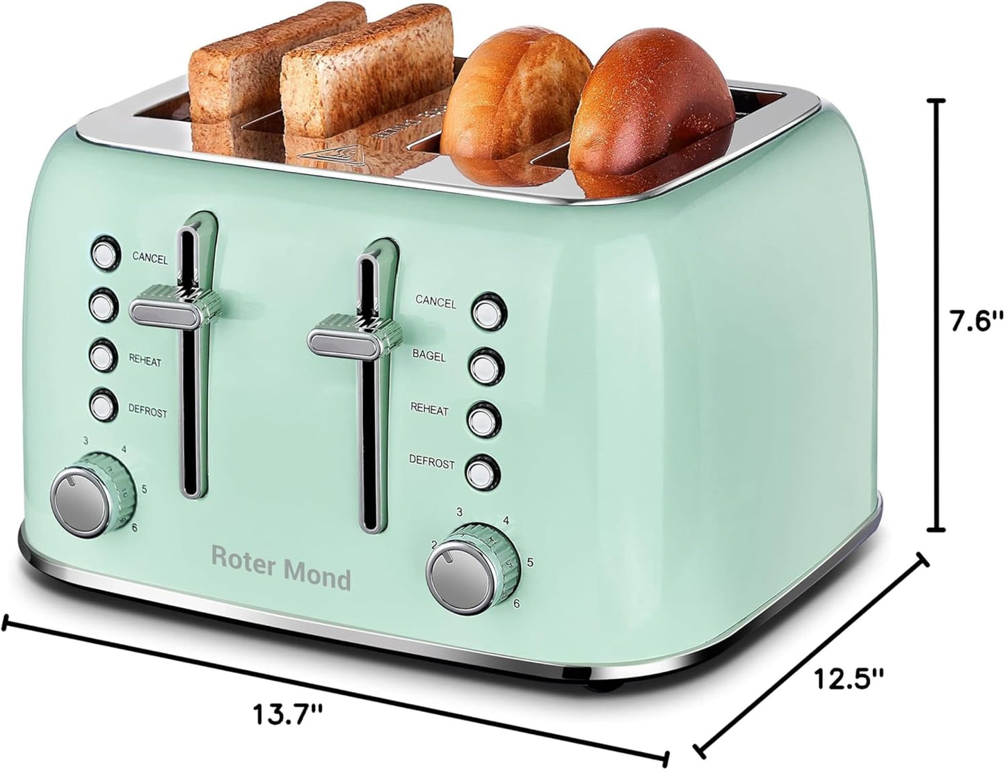 Roter Mond Toaster 4 Slice Retro Stainless Steel with Extra Wide Slots Bagel 102