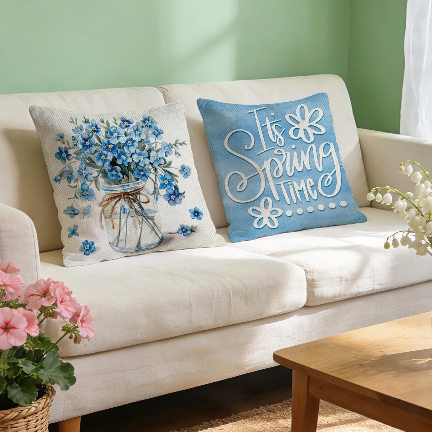 Spring Summer Daisy Flower Decorative Throw Pillow Covers | 18 x 18 Set of 4, Home Sweet Home Floral Wreath Watering Can Boots Porch Home Decor, Live Laugh Love Farmhouse Sofa Couch BST202