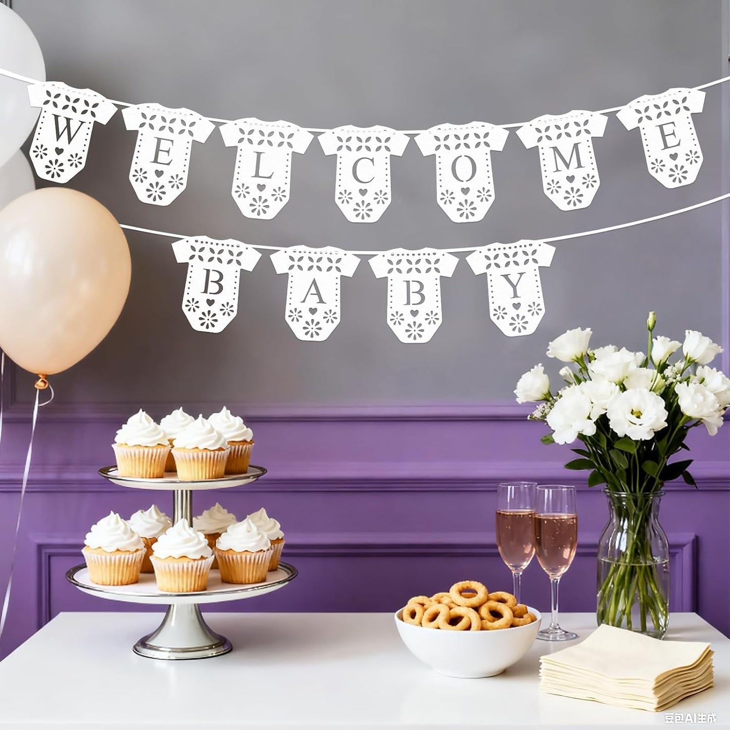 2 Pack White Papel Picado Banner, Mexican Welcome Baby Banner, Felt Onesie Baby Shower Garlands, Fiesta Gender Reveal Party Supplies, Baby Shower Backdrop Decoration Props BST220