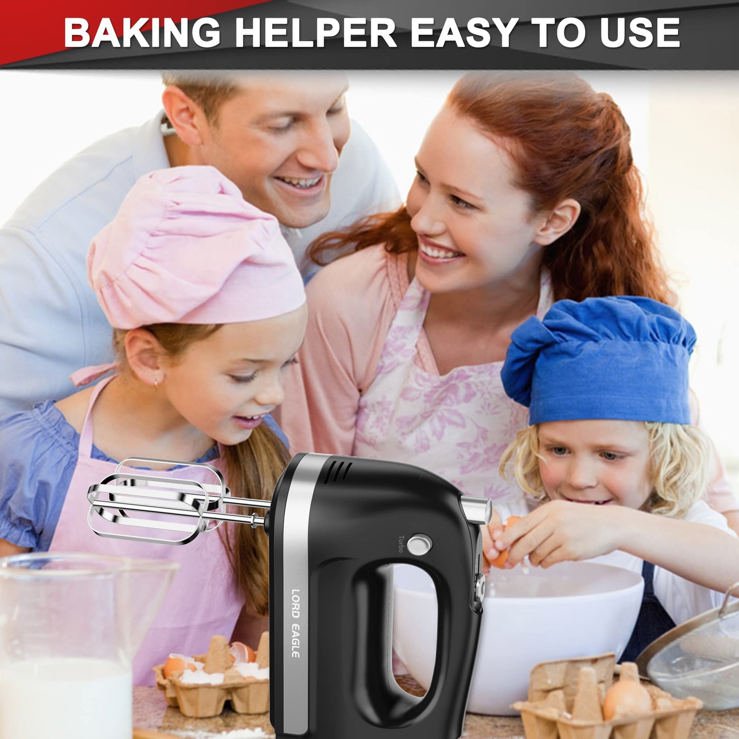 Lord Eagle Hand Mixer Electric Handheld 400W, 5-Speed Lightweight Kitchen Mixer with Storage Case, 5 Stainless Steel Attachments for Baking Cake Egg Cream Food Beater, Turbo+Eject Button, Pink