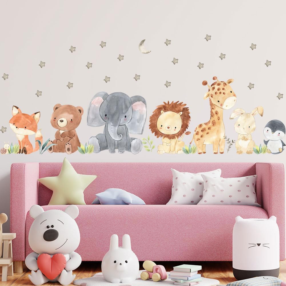 Forest Baby Animals Wall Decals Stars Elephant Lion Giraffe Fox Bear Safari Wall Stickers Baby Nursery Kids Room Living Room Daycare Wall Decor Art 51.2in*19.7in BST220