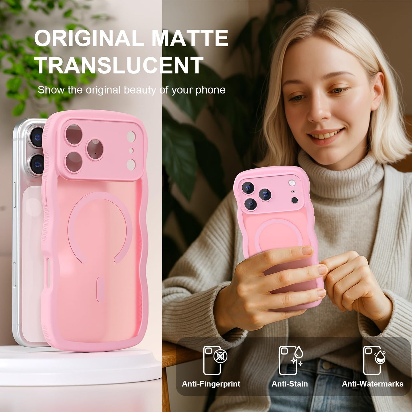 QVLANG Case for iPhone 16 Pro Max, Cute Wave Cover Case, Upgraded[Full Camera Protection][Compatible with Magsafe][Military Grade Protection][Translucent Matte] Phone Case for Women Girls, Hot Pink WN420