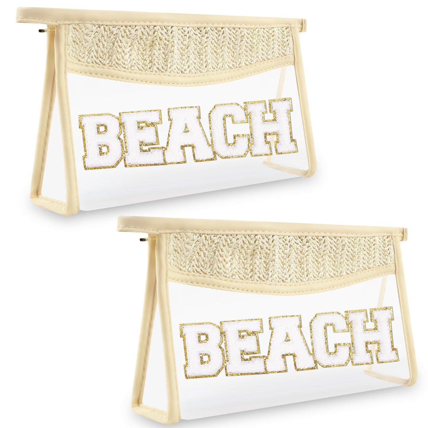 Boho Clear Makeup Bag Cosmetic Zipper Pouch Purse, Clear Toiletry Bags Travel Small Preppy Cute DIY Chenille Letter Bag, Transparent PVC Waterproof Clutch Make Up Organizer Storage Bag for Women Girls BST220