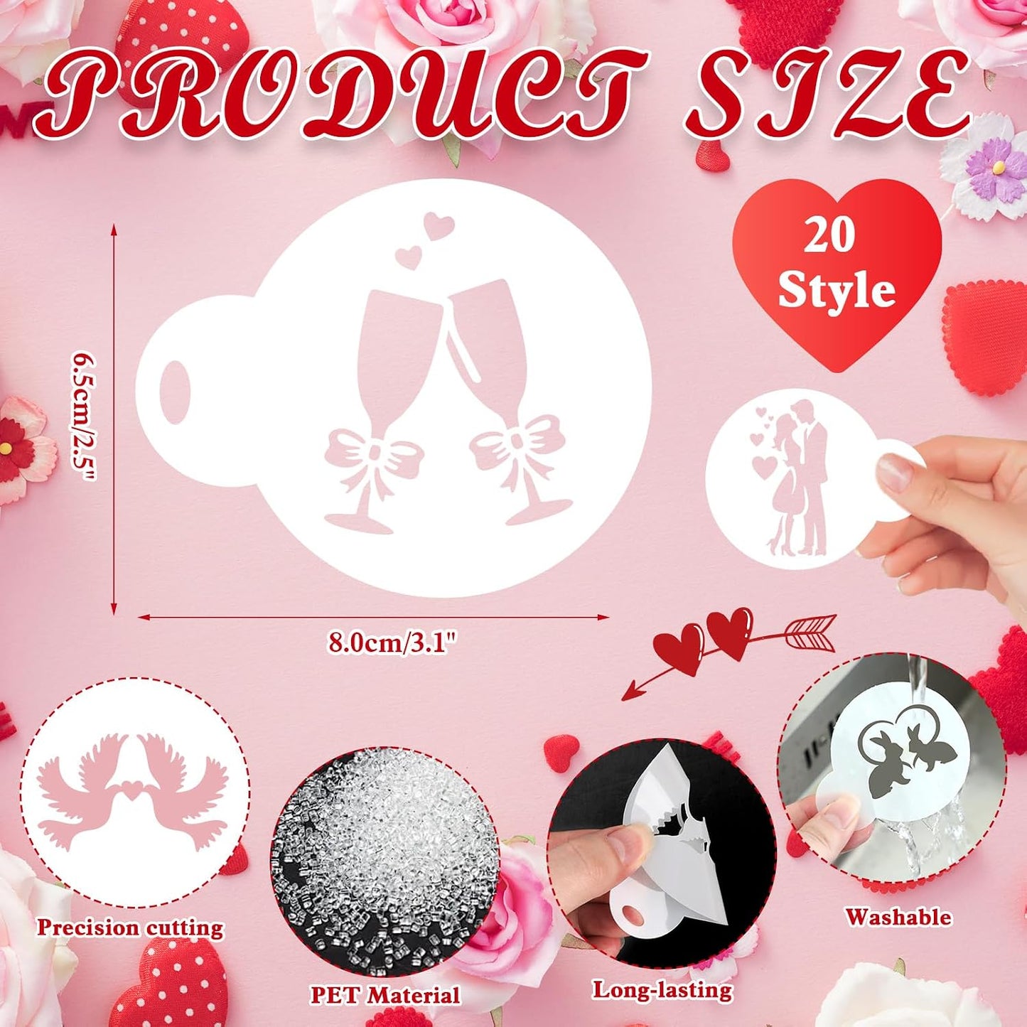 Konsait 20 Pack Valentine's Day Cake Stencils Reusable Coffee Cookie Decorating Stencils Mold Tools for Hot Cocoa,Dessert,Mousse and Cappuccino BST326L
