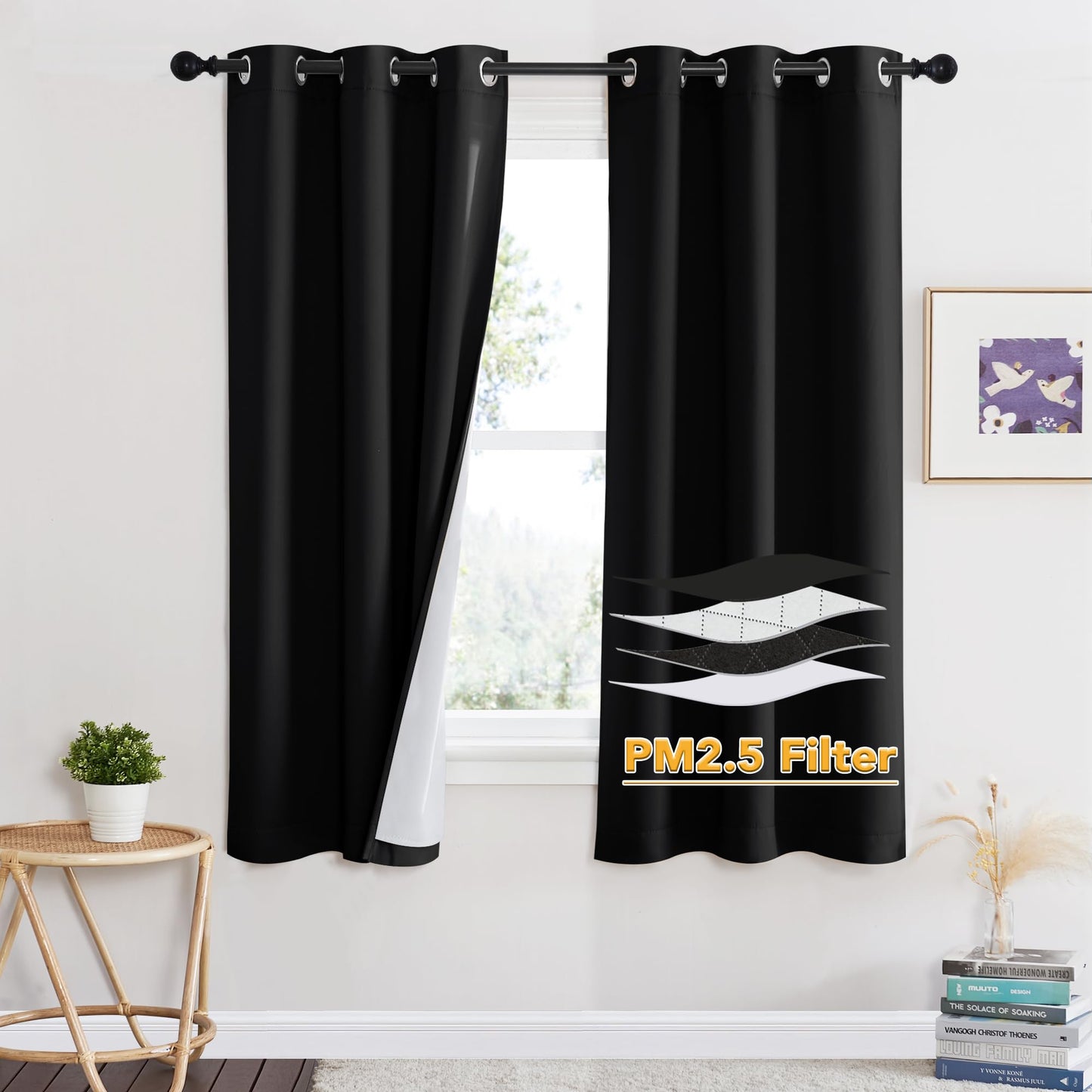 RYB HOME 4-in-1 Dust Filtering Soundproof Blackout Insulating Privacy Window Curtains for Nursery Bedroom Living Room Rivider Sound Absorption Sheet, Black, W52 x L90 inch, 2 Panels BST220