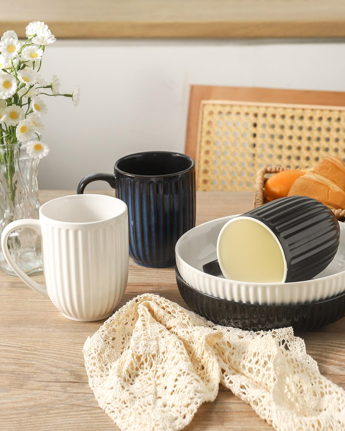 HASENSE Textured Large Coffee Mugs Set of 4, 16 Oz Ribbed Ceramic Cups with Large Handle for Latte Tea Cappuccino, Stackable Embossed Mug Set for Mom Dad, Microwave Dishwasher Safe, Creamy White BST220