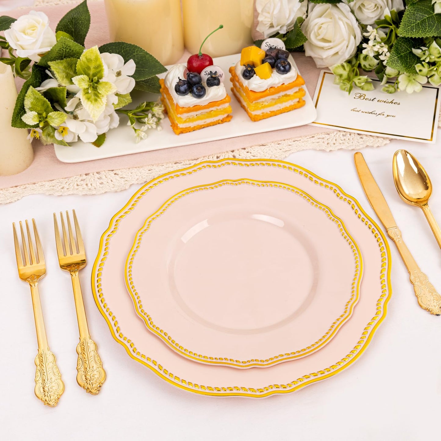 Hioasis 60pcs Pink Plastic Plates - Pink and Gold Disposable Dinnerware with Gold Rim N26