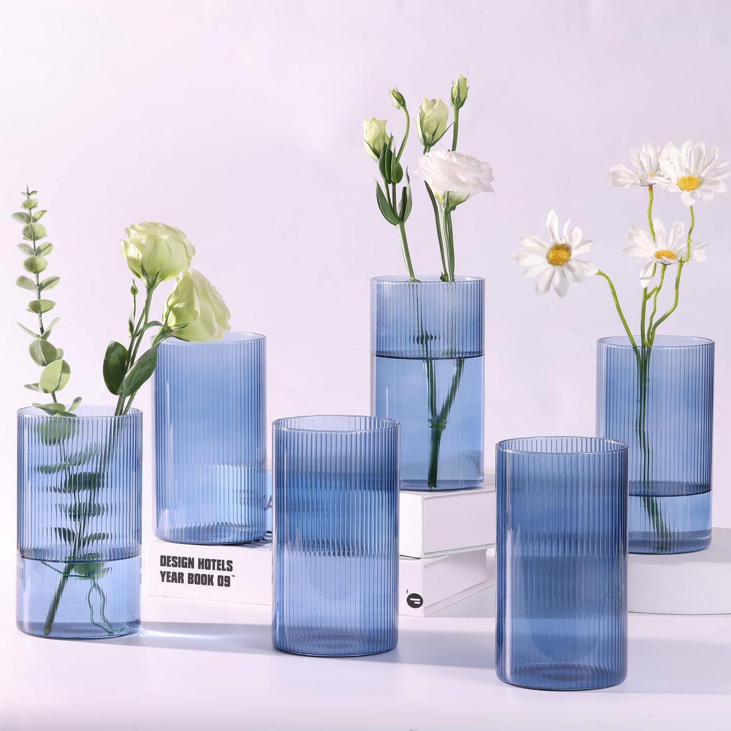 Glass Ribbed Cylinder Vases, 8 Inch Tall, Clear, Pack of 3 | Flower Vases in Bulk, Hurricane Floating Candle Vases, For Party Home Decor BST326H