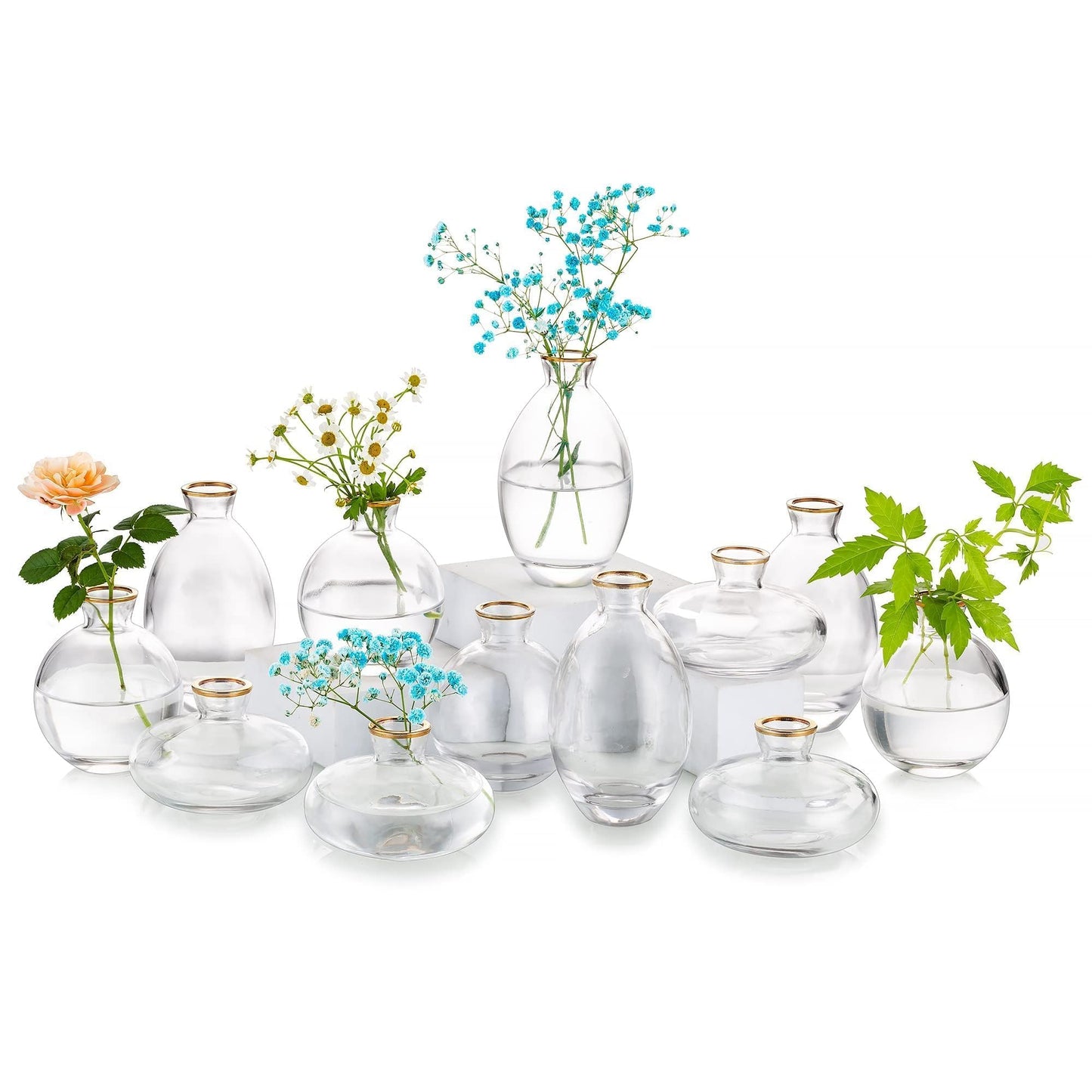 Glasseam Clear Glass Bud Vase, 3Pcs/Set Modern Decorative Small Mini Flowers Vases Short Minimalist Aesthetic Home Decor Vintage Cute Handmade Tiny Wedding Table Centerpieces for Single Flower Rose BST326H