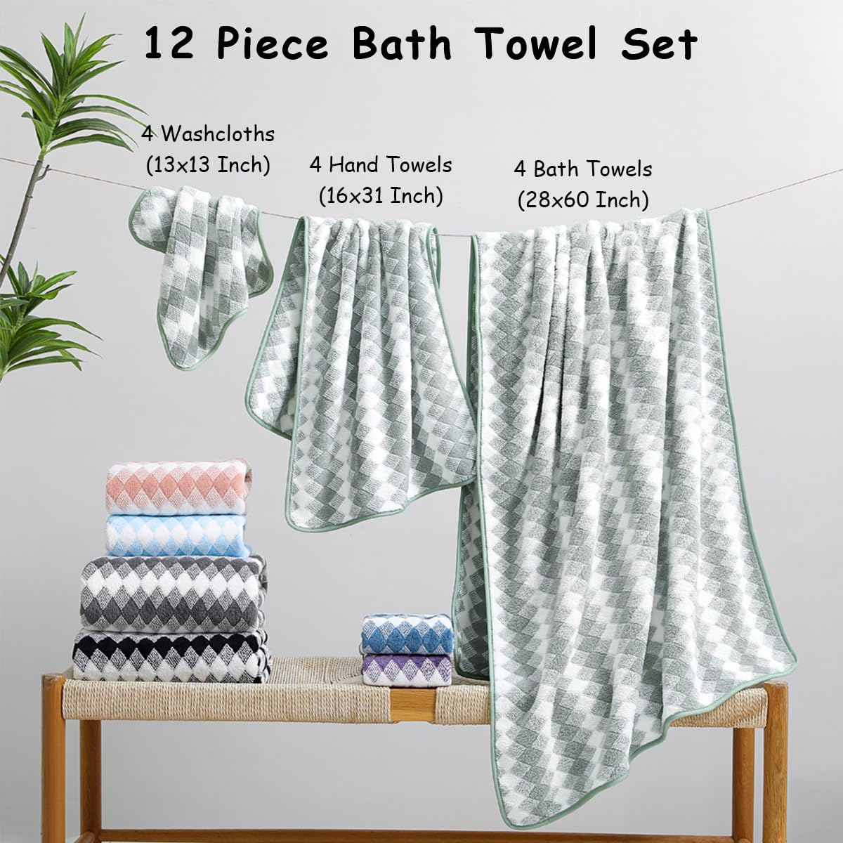 12 Pcs Light Gray Diamond Towel Set-4 Bath Towels,4 Hand Towels,4 Washcloths Soft Polyester Towels with Loop Absorbent Shower Towel Quick Dry Beach Chair Towel Family Towels for Bathroom Spa Gym Pool BST220