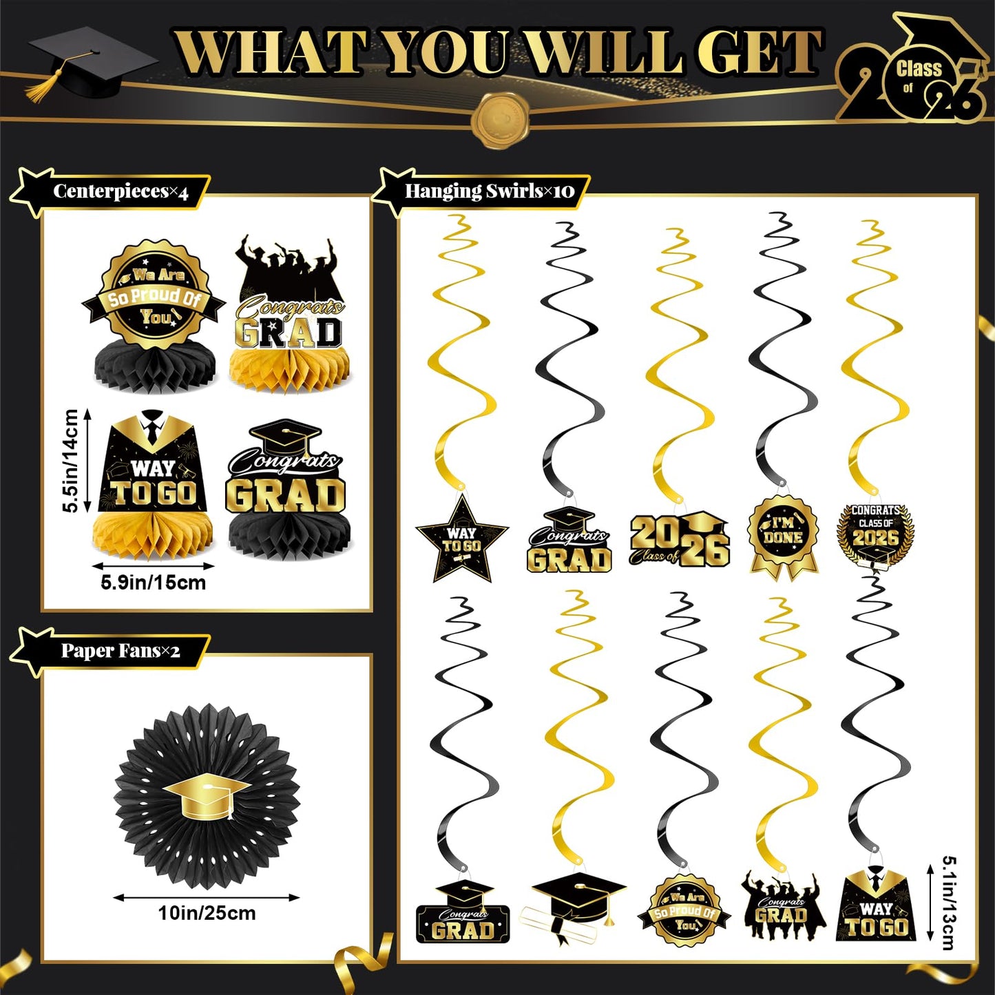 Graduation Decorations 2026-Blue and Black Graduation Party Decorations Supplies Class of 2026 with Graduation Banner, Backdrop, Balloons, Centerpieces, Hanging Swirl for Grad Party BST326H