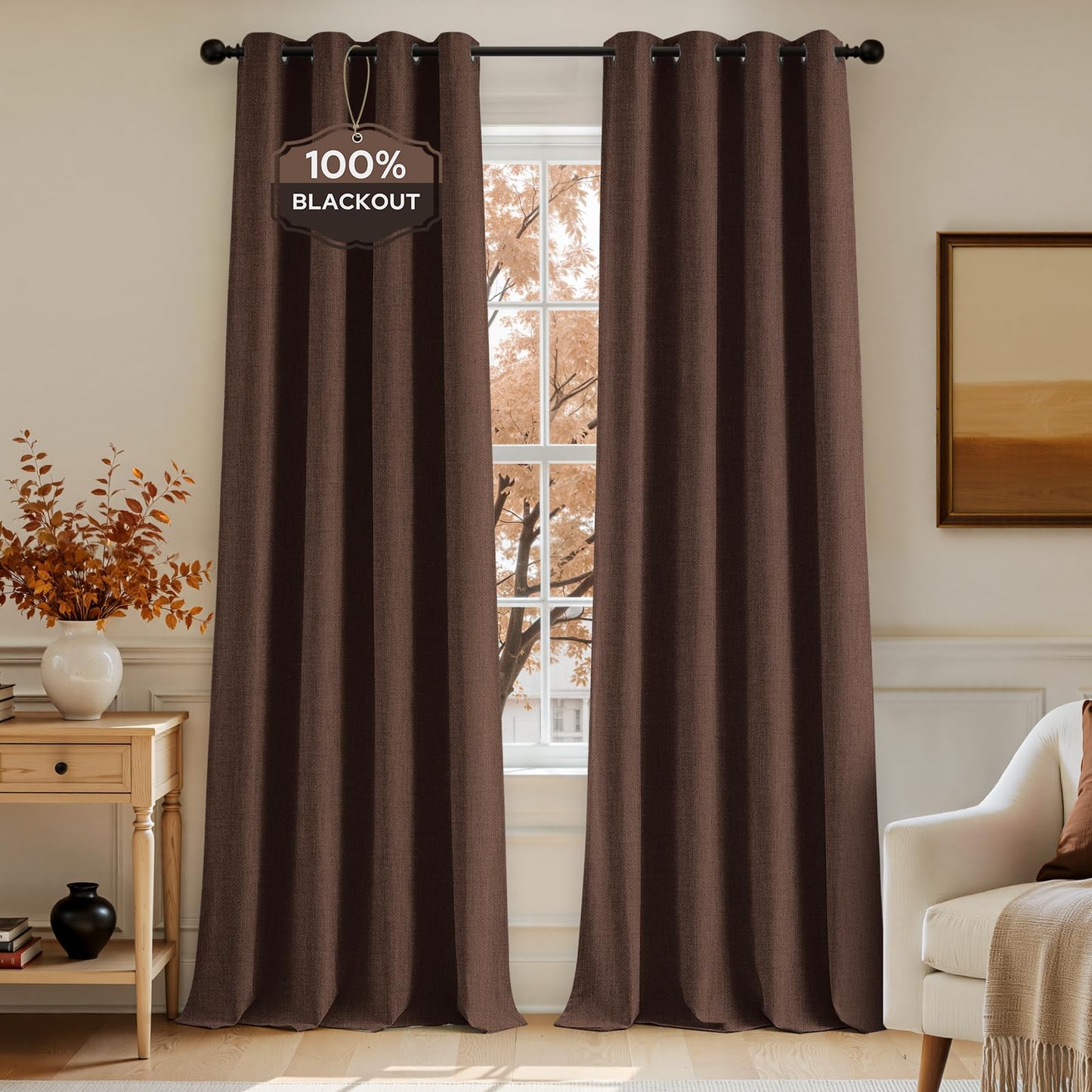 HOMEIDEAS 100% Ivory Cream Linen Blackout Curtains for Bedroom, 52 x 96 Inch Length 2 Panels Faux Linen Thermal Insulated Black Out Grommet Window Drapes for Living Room BST202