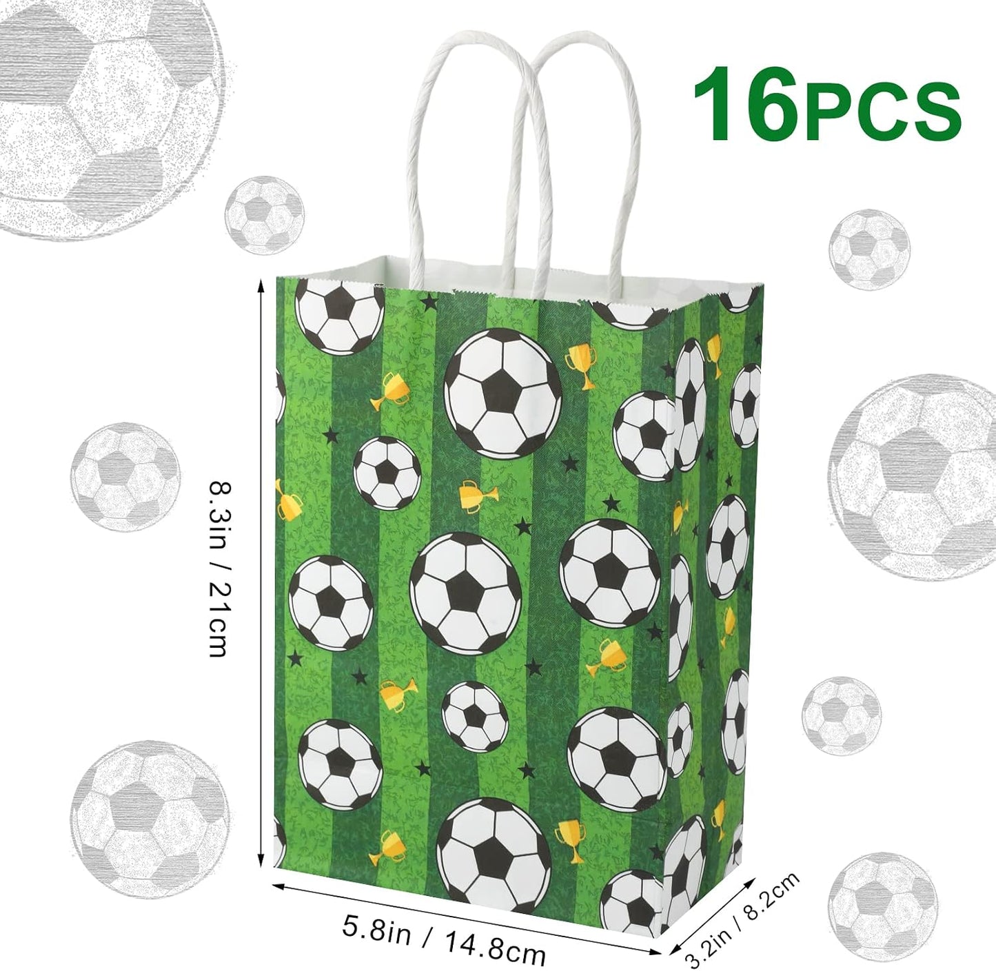 16pcs Soccer Party Favor Paper Bags - Green Football Gift Bags with Handles for Kids & Adults Team Soccer Party Goodie Snacks Treat Supplies WN420