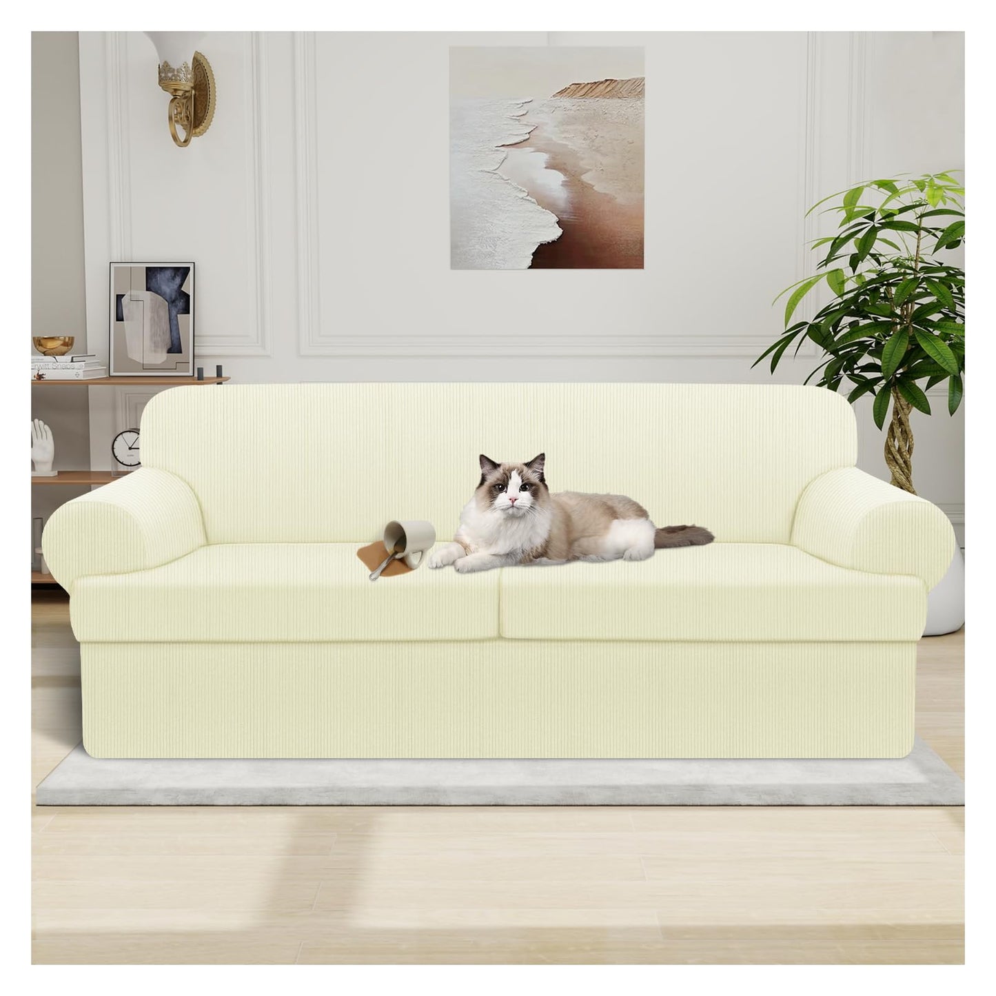Waterproof Chair Cover with Arms 2-Piece Set Striped Slipcover for 1 Separate T Cushion Couch - TPU Fabric Armchair Covers Leakproof Couch Protector for Kids, Pets(Chair, Beige) BST220