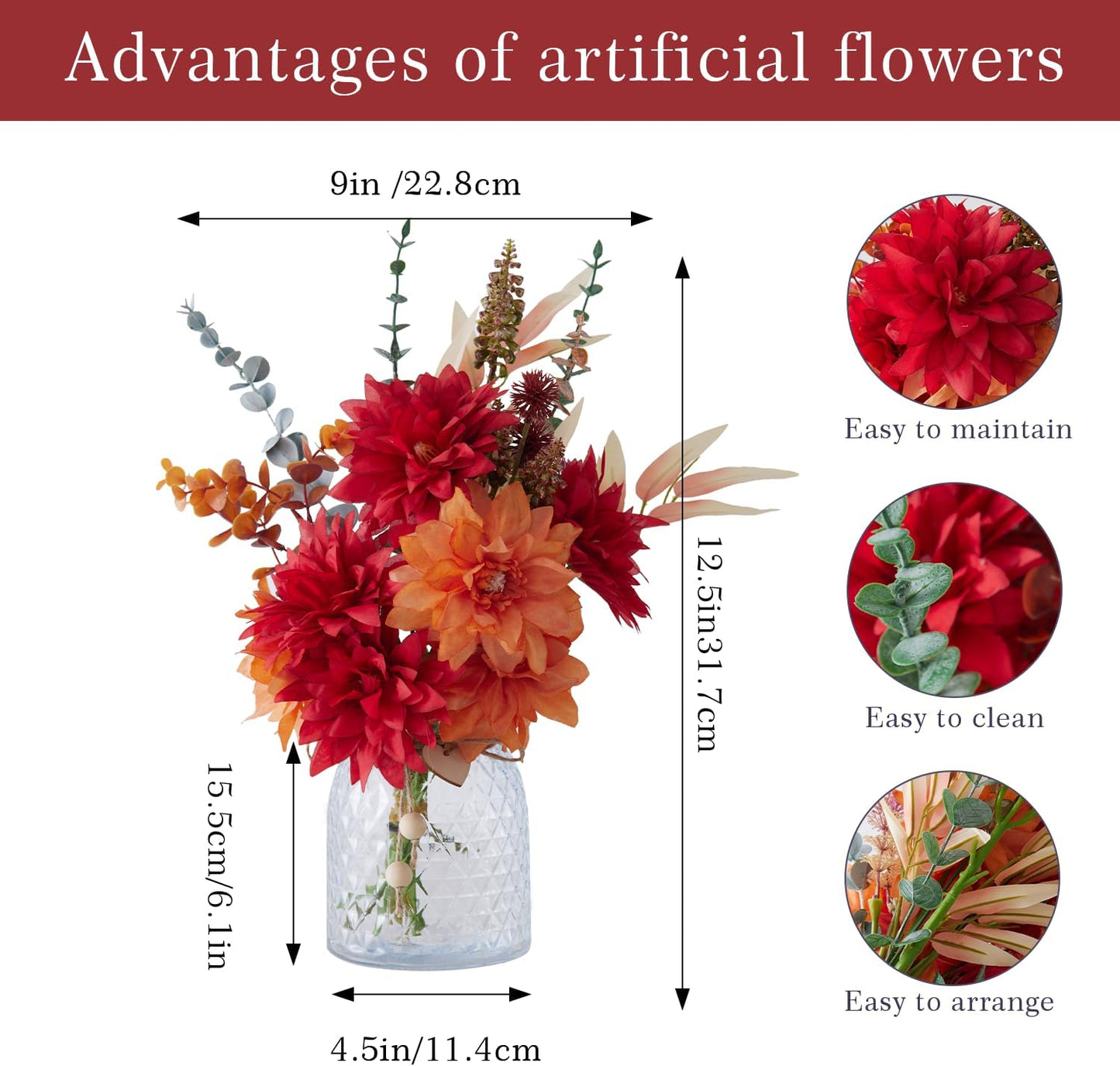 Fake Flowers with Vase, Faux Flowers in Vase, Red Silk tassel Flower Artificial Flowers bulk Arrangements for Home Decor for Living Room Bathroom Office Table Centerpiece Shelf Decoration BST326H