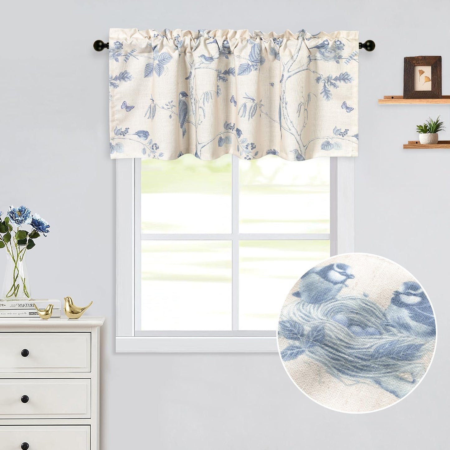 Leeva Tie Up Valance for Windows, Elegant Birds Pattern Light Filtering Window Treatment Valances for Bedroom Kitchen, One Panel, 52 x 18, Light Blue BST220